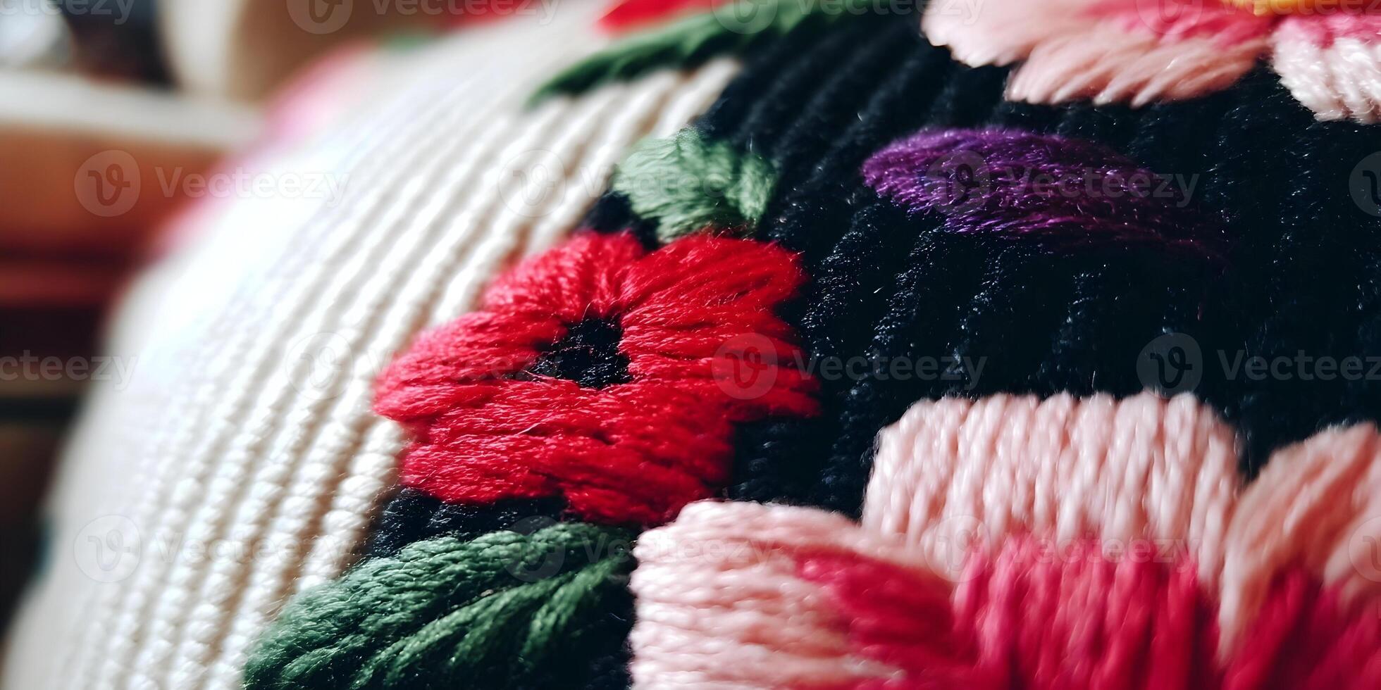 Closeup Red Pink Purple Flowers Embroidery on Cream Textile photo
