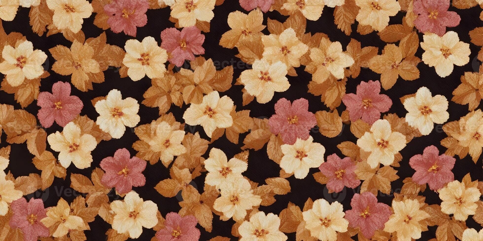 Seamless Pattern Orange Pink Flowers Dark Background Botanical Print photo