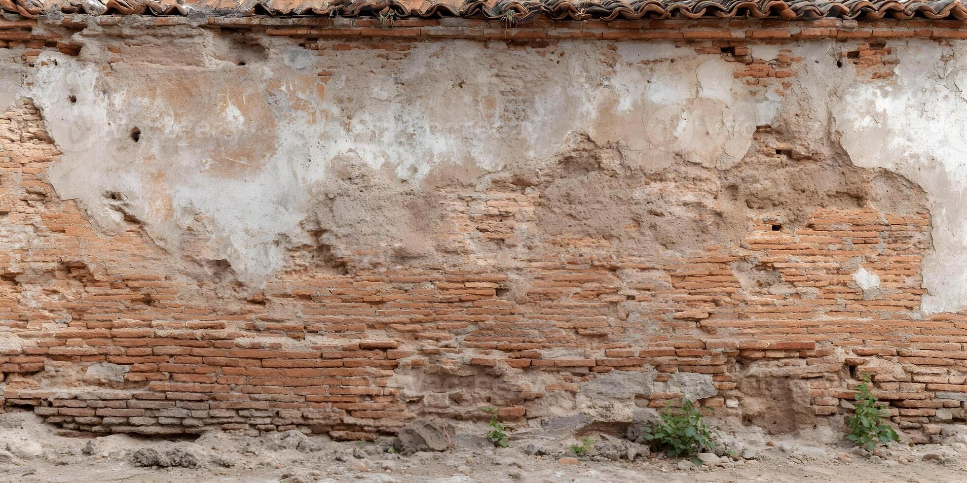 Old Weathered Brick Wall Texture with Damaged Plaster and Tile Roof Section photo