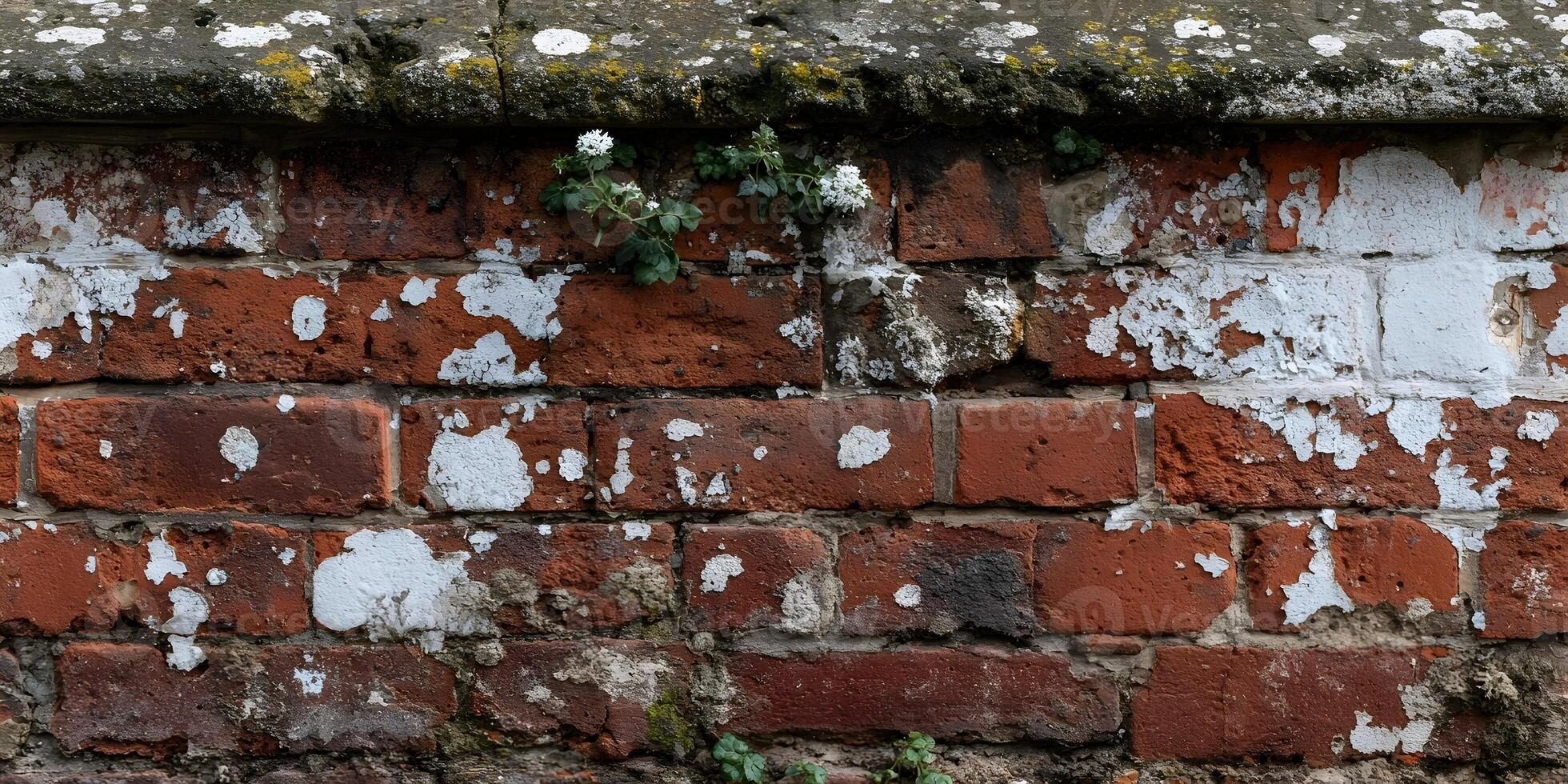 Old Red Brick Wall with Peeling Paint and Flowers photo