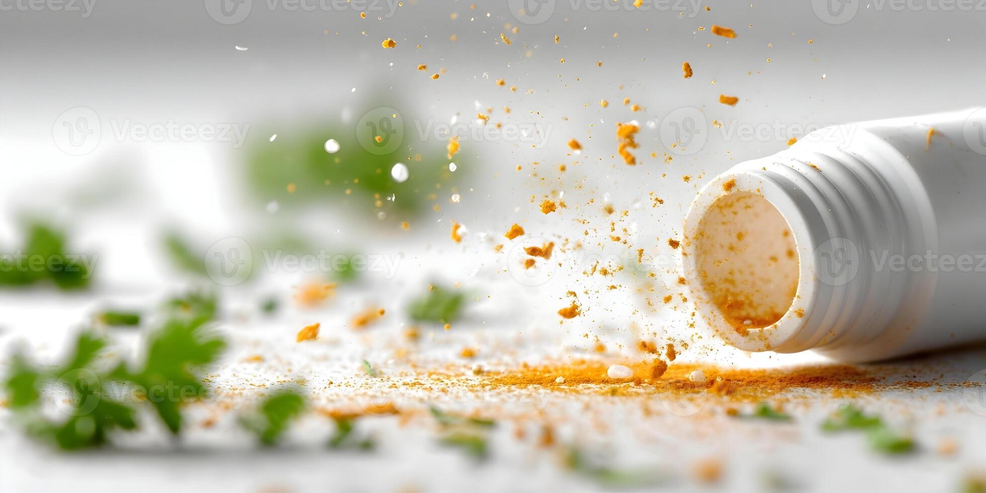 Turmeric Powder Spilling from Bottle with Herbs photo