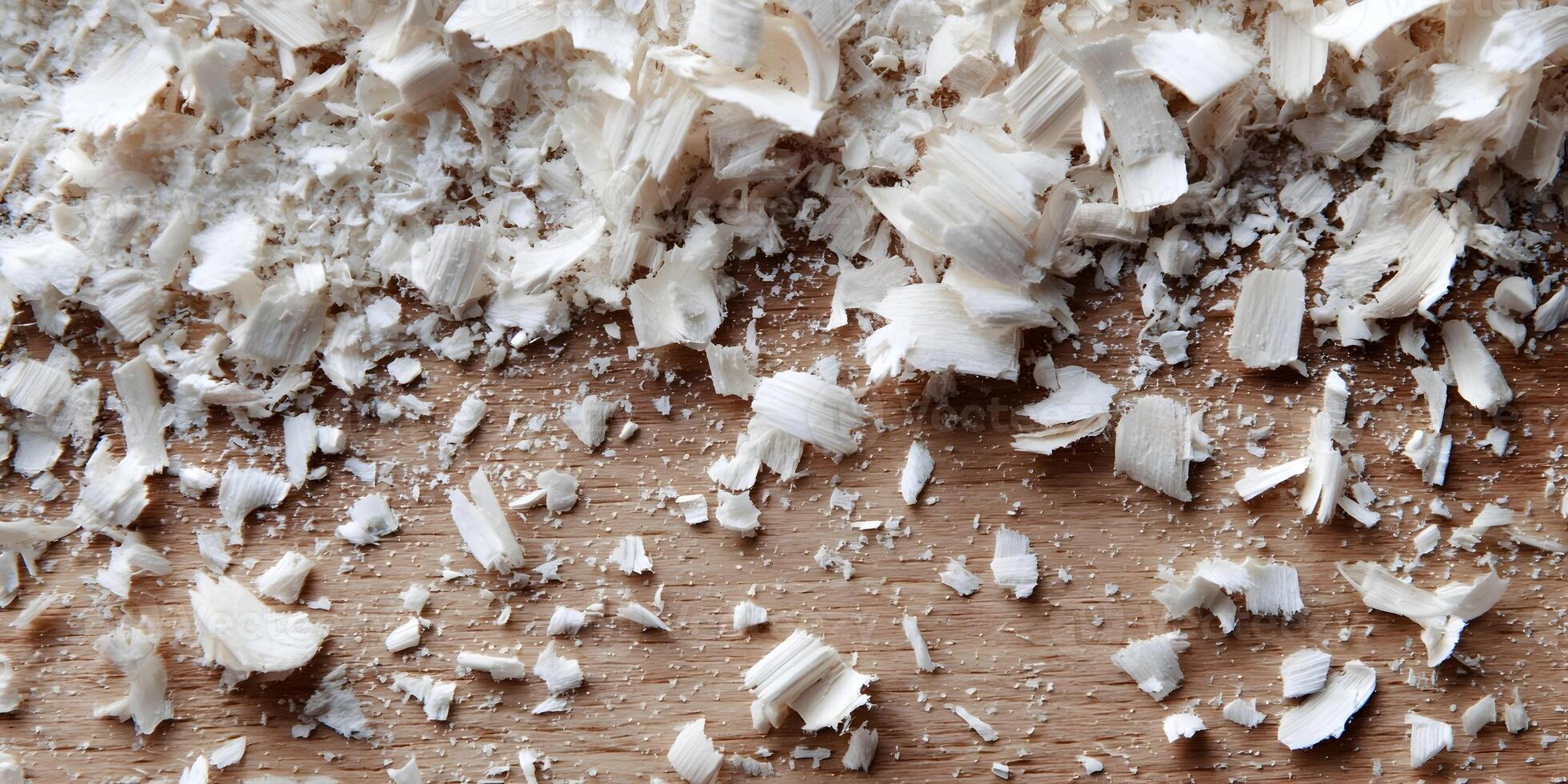 White Wood Shavings on Light Brown Wood Background Detailed Texture photo
