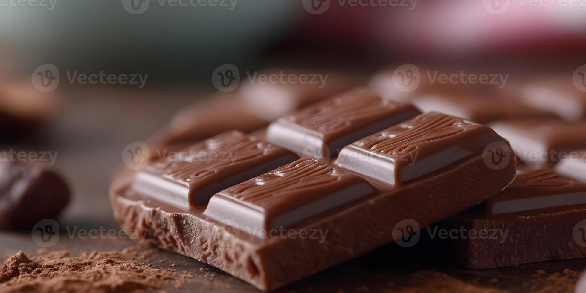 Closeup Milk Chocolate Bar Pieces Cocoa Powder Brown Wooden Background photo