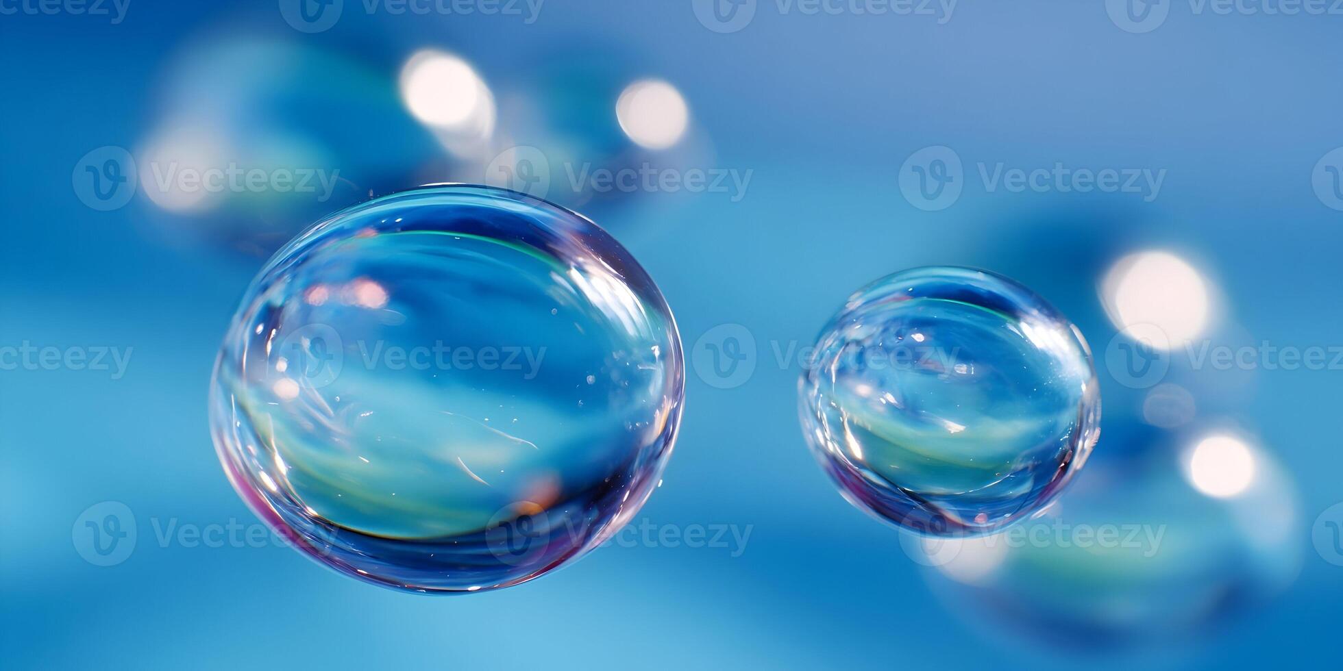 Abstract Blue Bubbles Background Image Two Transparent Spheres Floating in Blue Water Closeup Macro Photography photo