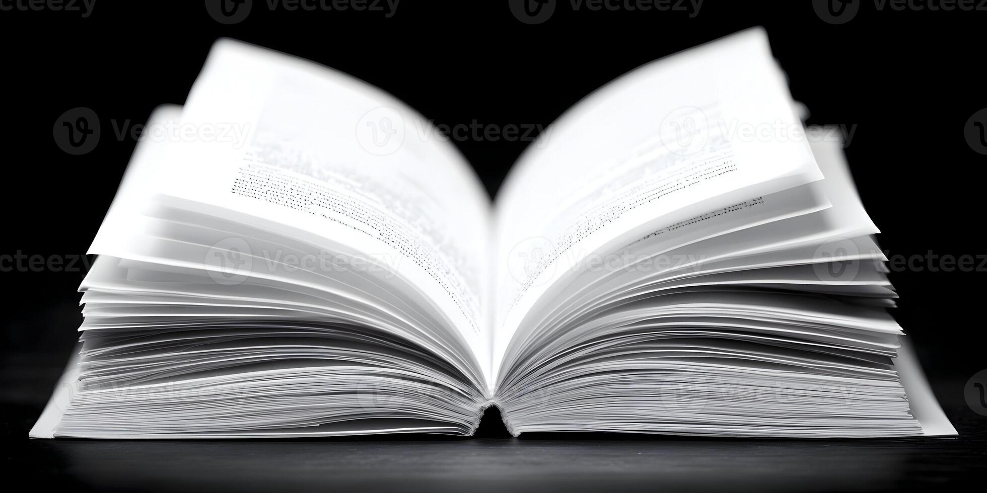 Open Book with Text Pages on Black Background Detailed Closeup Image photo