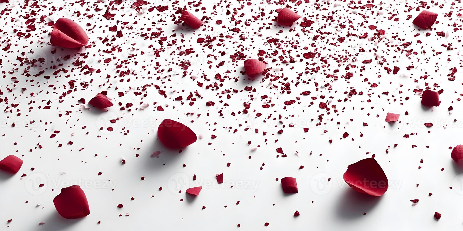 Red Rose Petals Scattered on White Background Crumbled Rose Petals Romantic Design photo