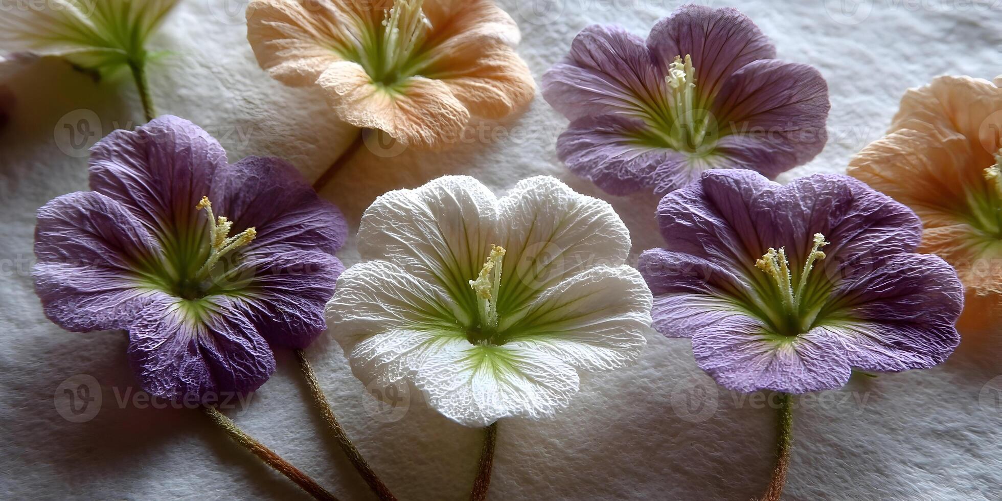 Pressed Flowers Delicate Petals White Purple Peach Floral Arrangement photo