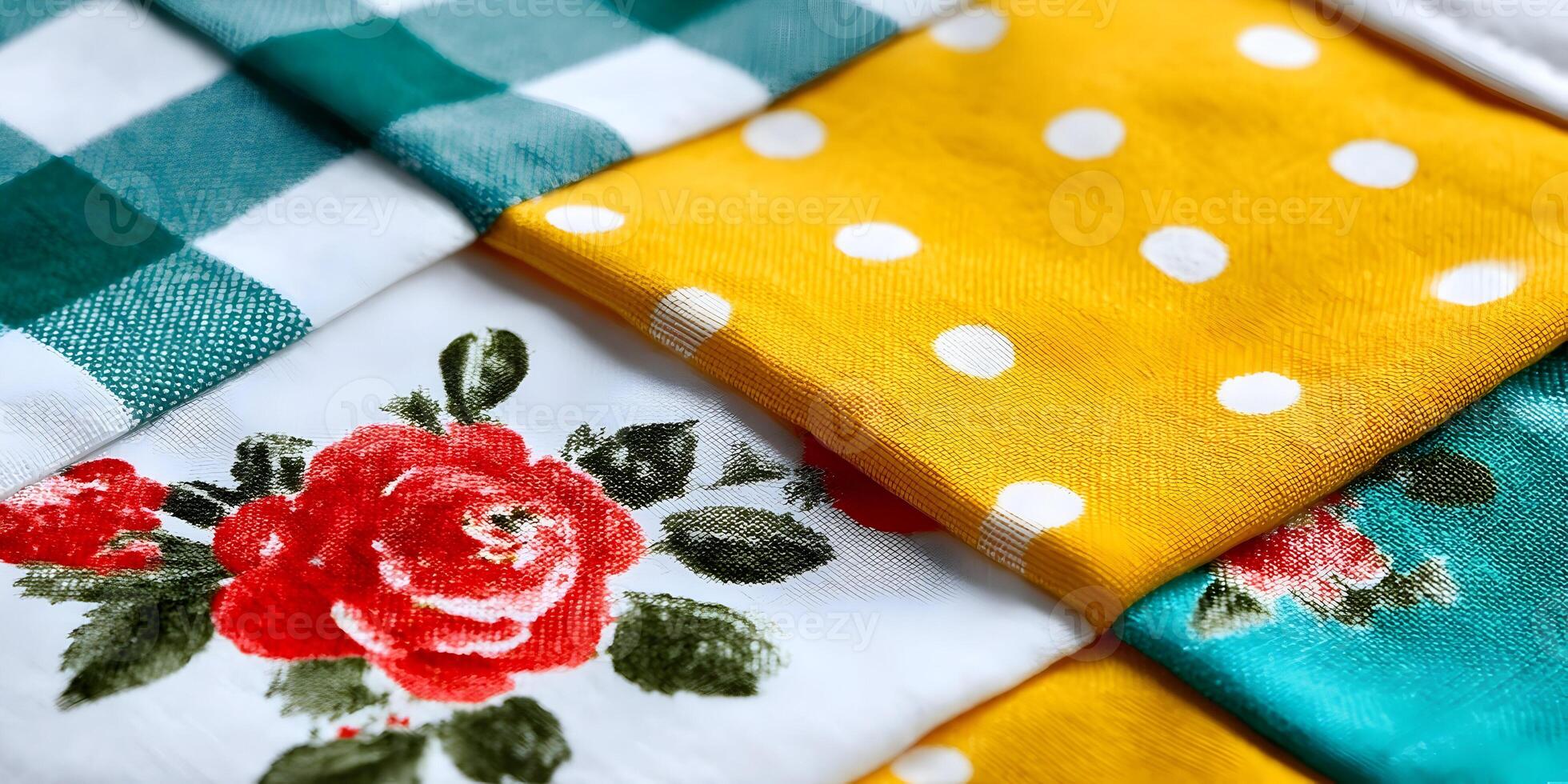 Closeup Rose Floral and Polka Dot Pattern Fabric Texture photo
