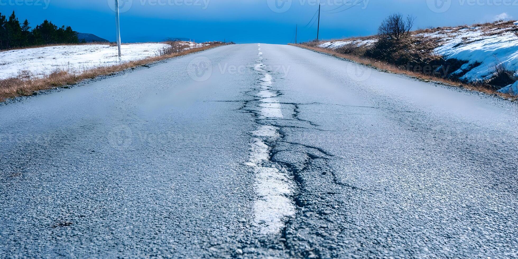 Cracked Asphalt Road Winter Scenery Cold Landscape photo