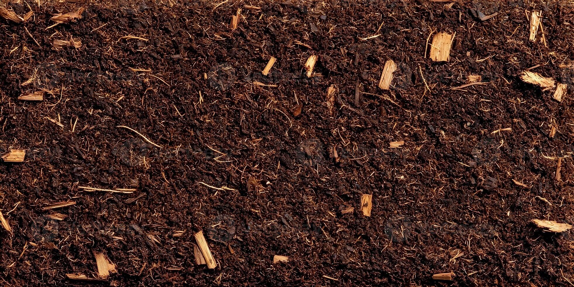 Dark Brown Soil Texture with Wood Chips Background Image photo