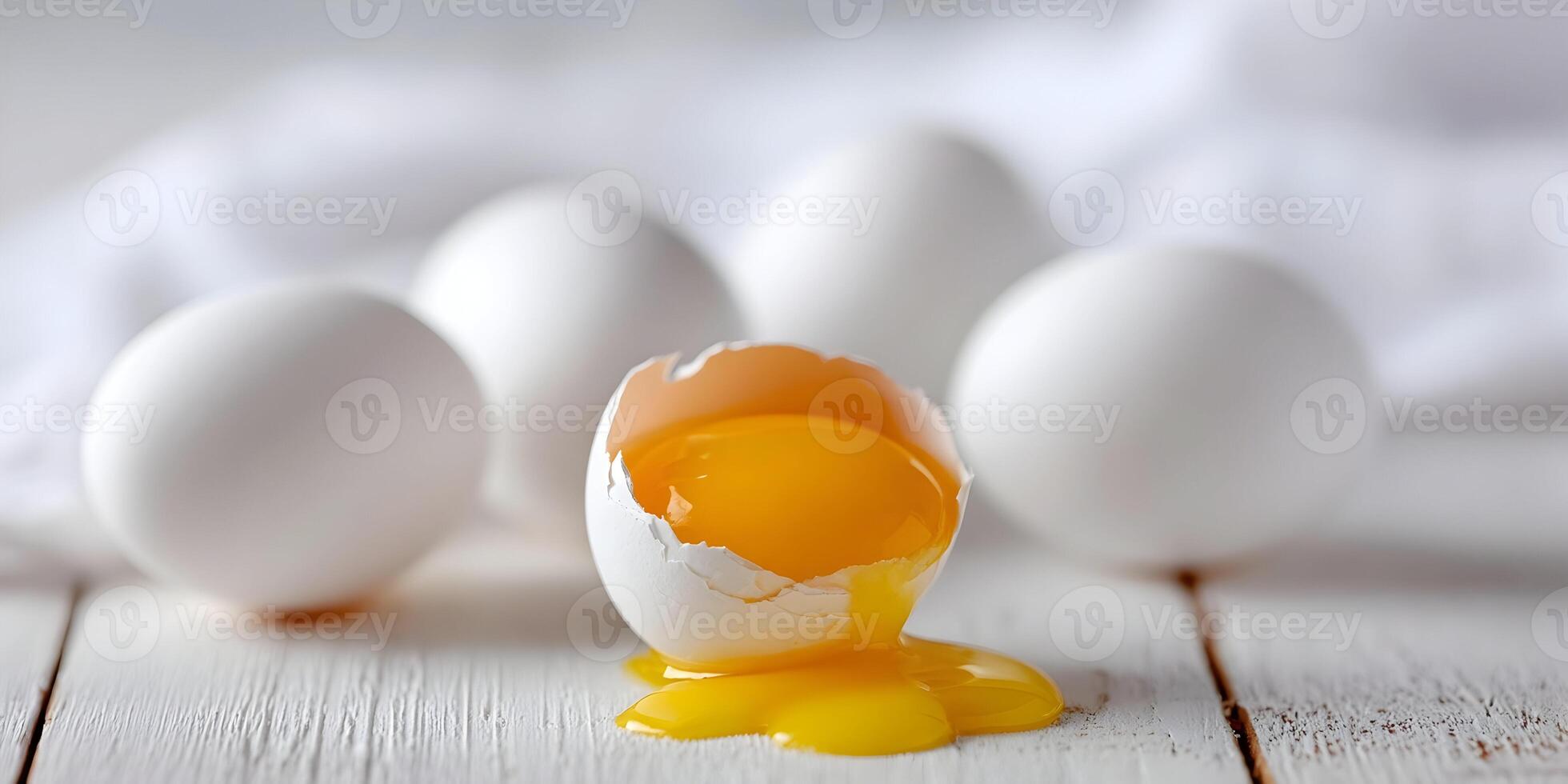 Broken Egg Yolk and Shell with White Eggs on White Wooden Table photo