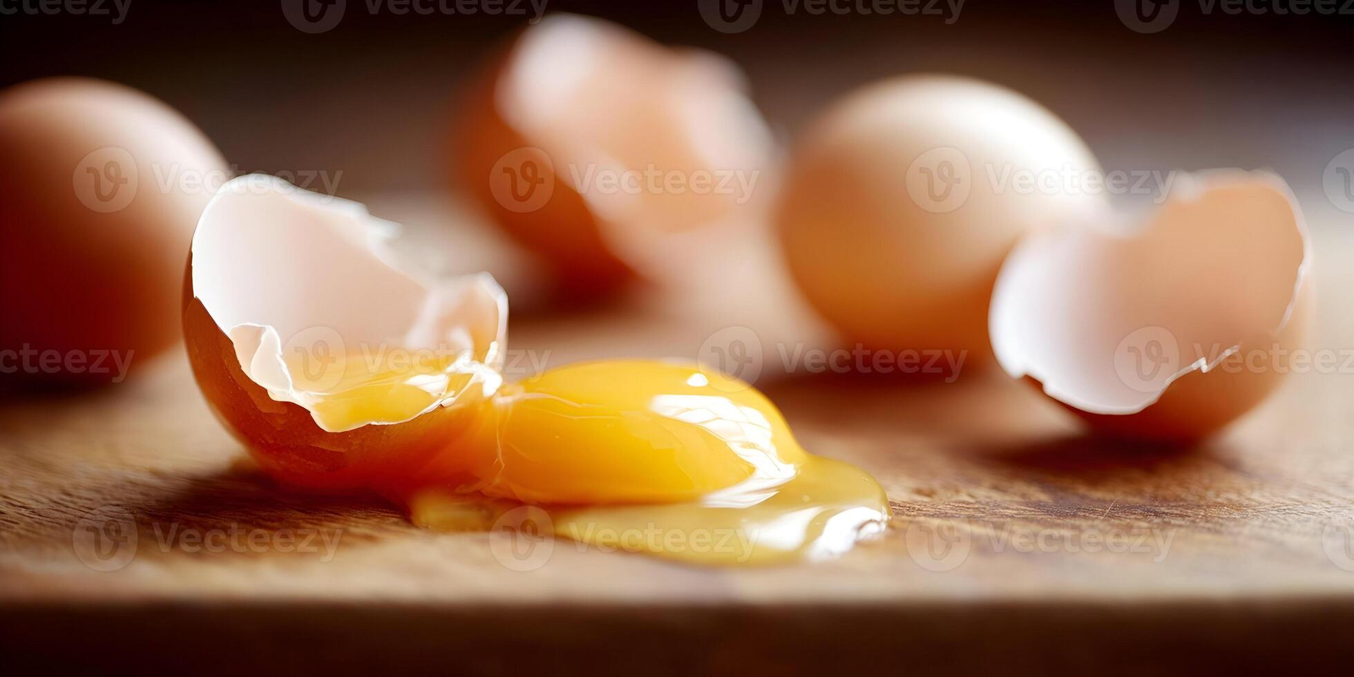 Broken Eggshell with Yolk on Wooden Board Closeup Photography photo