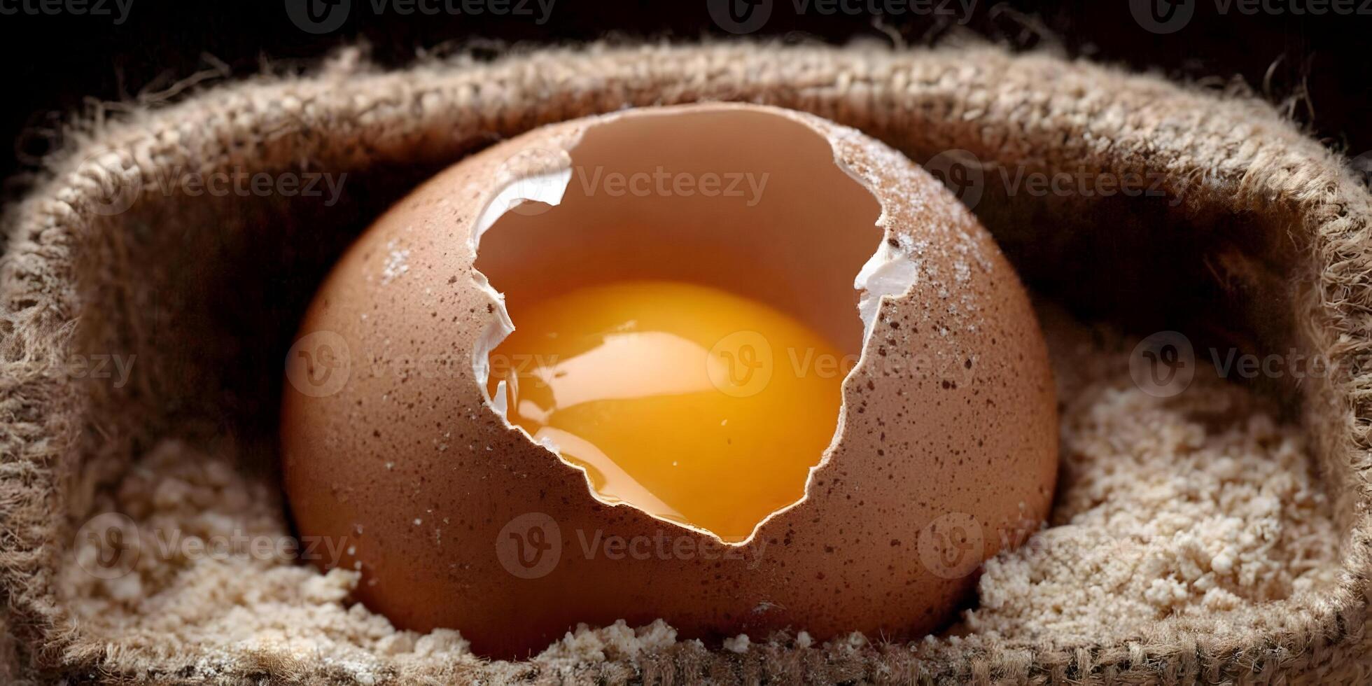 Broken Brown Egg Yolk in Burlap Sack Flour Background photo