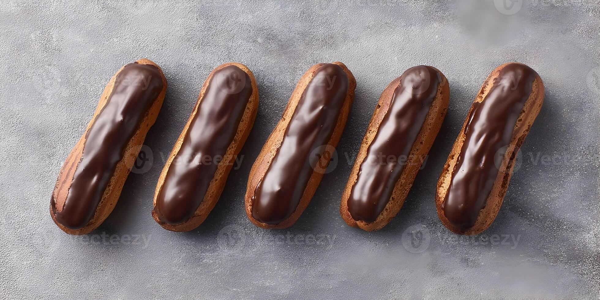 Five Chocolate Eclairs in a Row on Gray Background Gourmet Pastry Dessert Food Photography photo