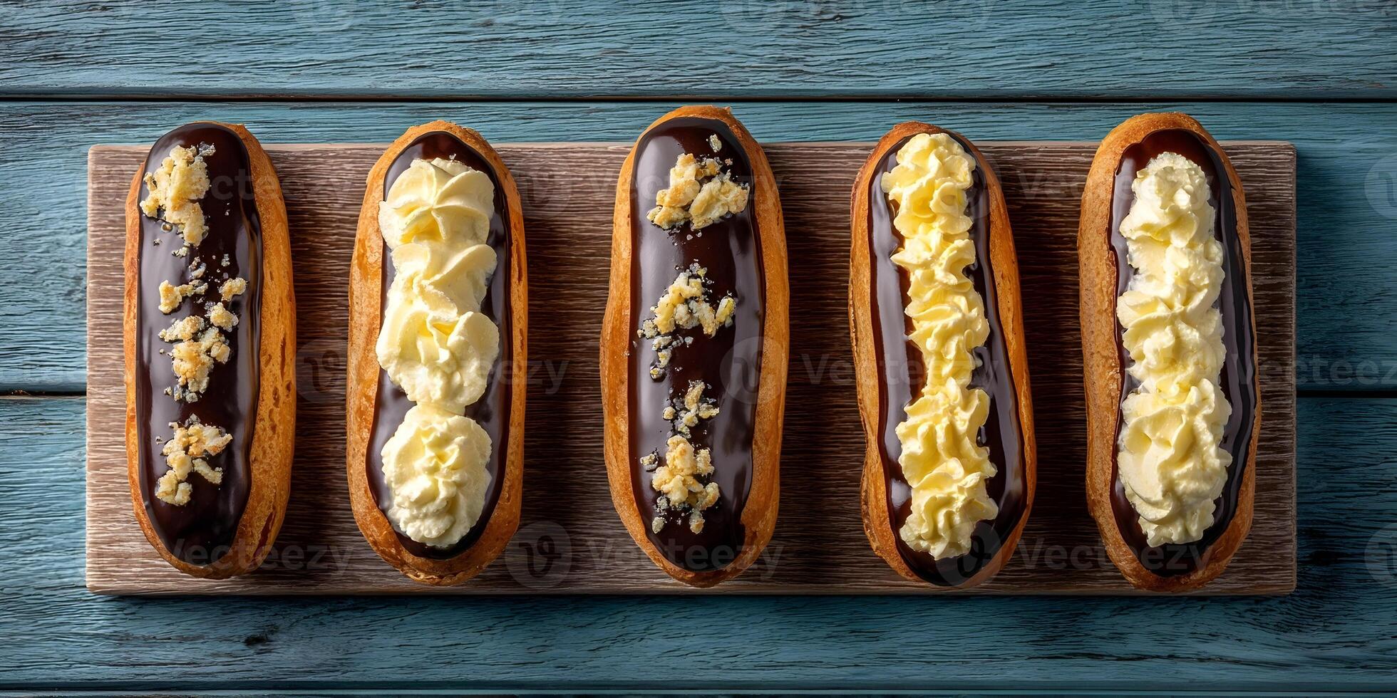 Gourmet Chocolate Eclairs with Vanilla Cream Pastry Dessert Treats on Wooden Board photo