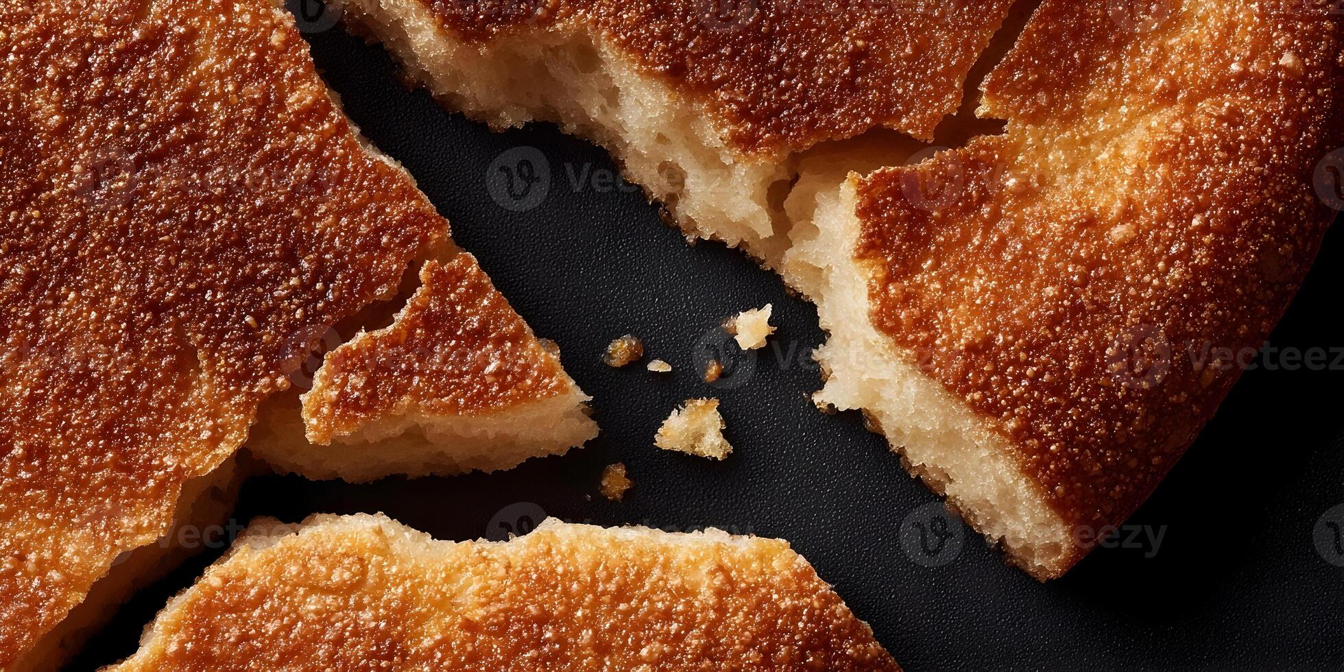 Closeup of Broken Pieces of Crusty Brown Bread on Dark Background photo