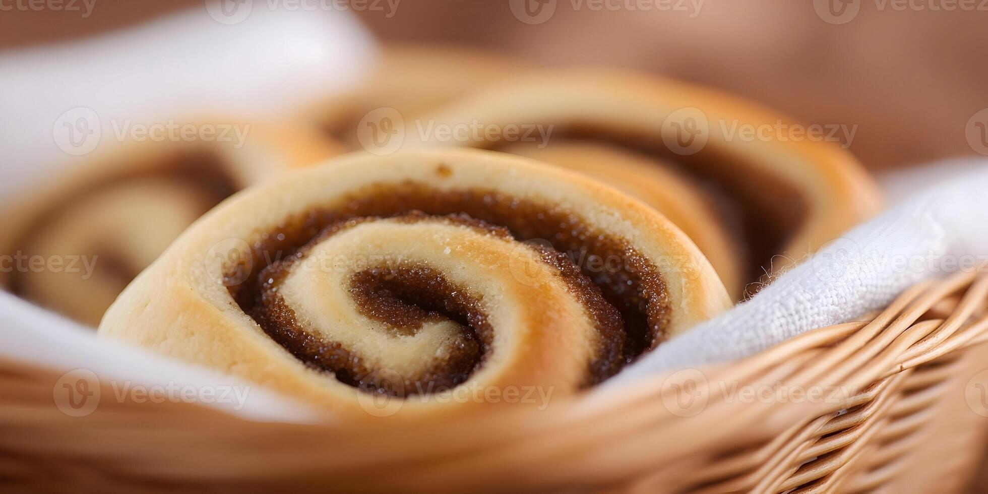Closeup of Cinnamon Rolls in Wicker Basket Sweet Baked Goods Pastry Food Photography photo