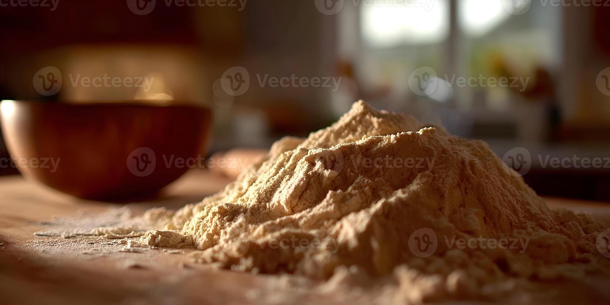Pile of Flour on Wooden Surface Kitchen Setting photo
