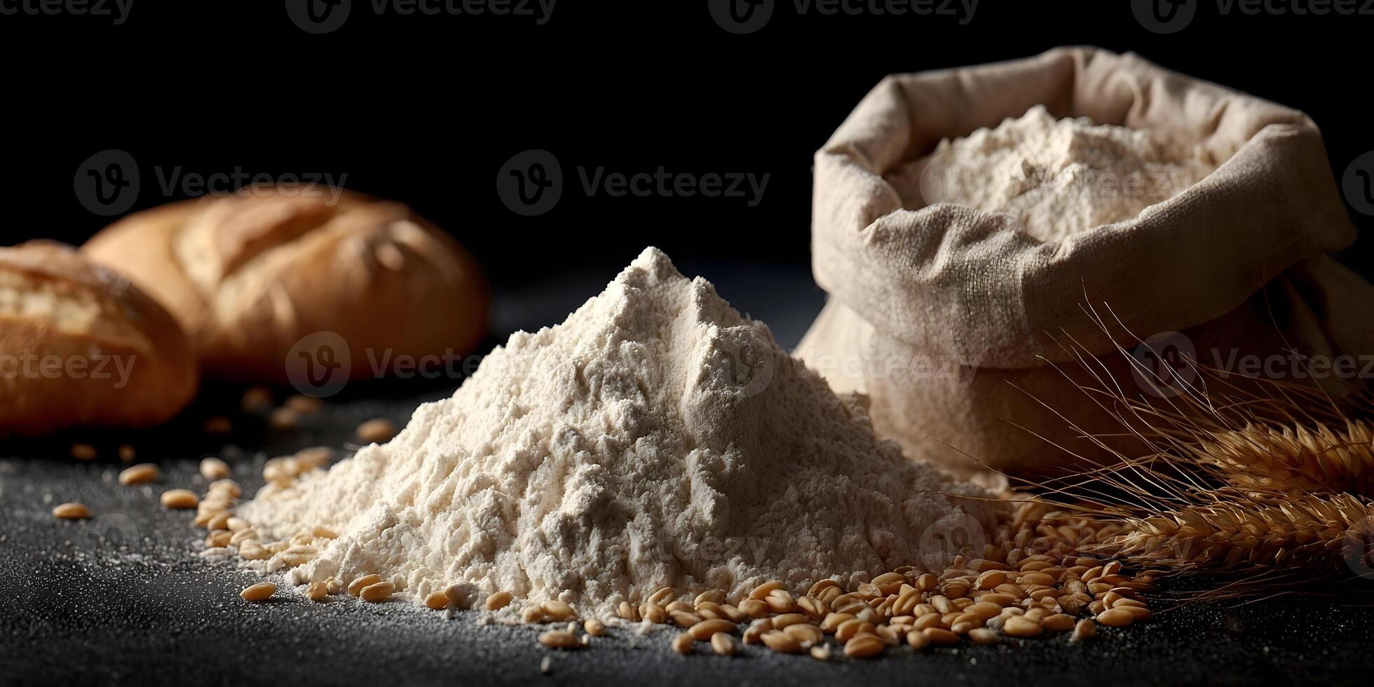 Wheat Flour Pile with Grains and Bread Still Life Photography photo
