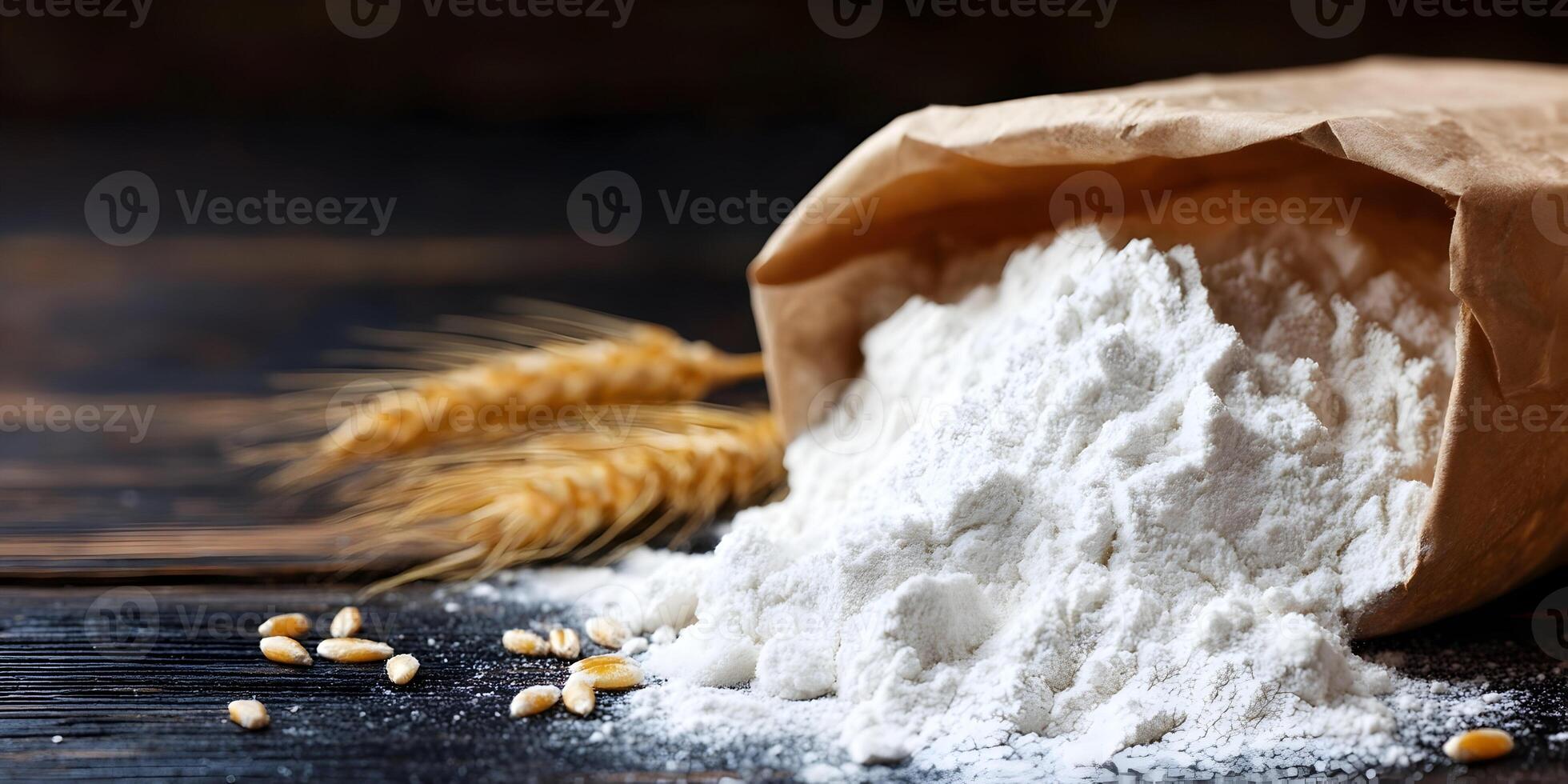 White Wheat Flour in Brown Paper Bag with Wheat Spikes on Dark Wooden Table photo