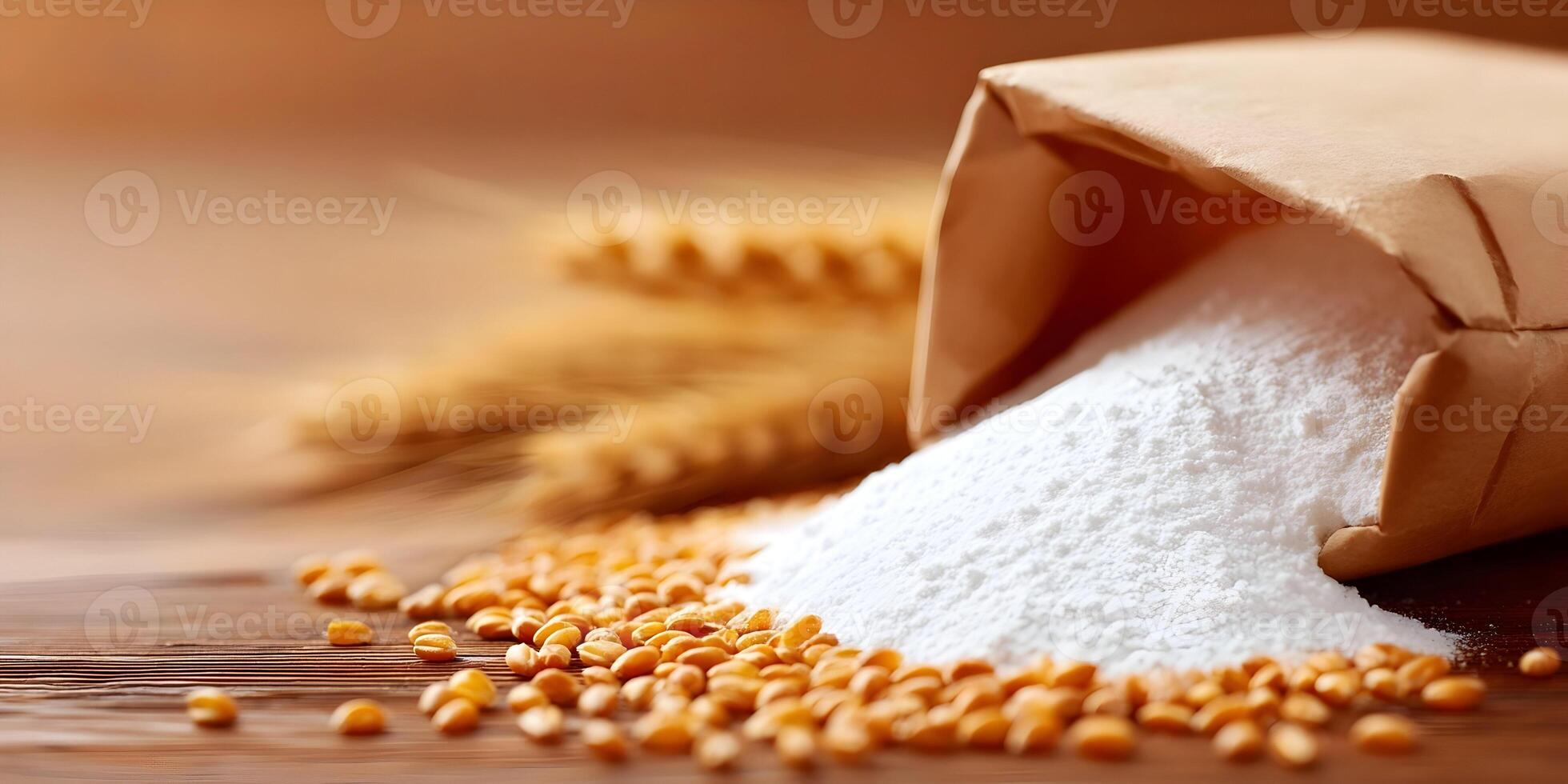 White Wheat Flour in Brown Paper Bag with Wheat Grains on Wooden Table photo