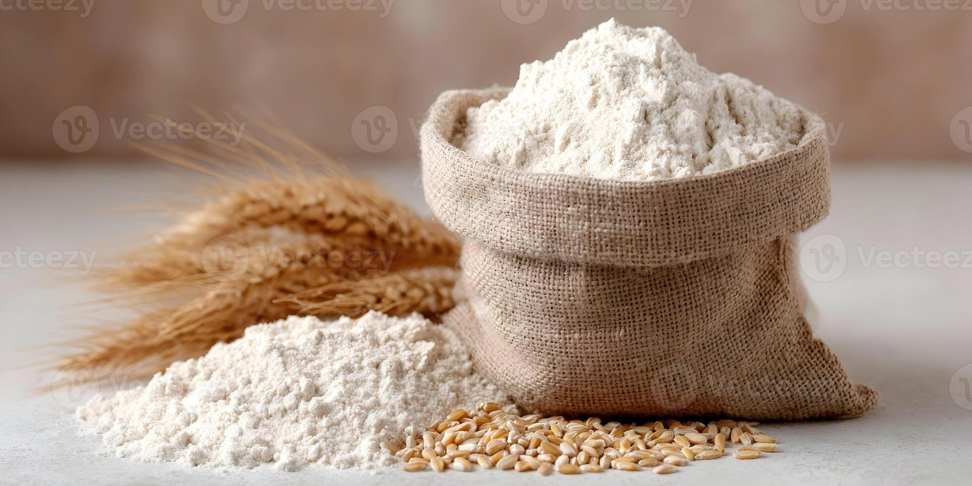 Wheat Flour in Burlap Sack with Wheat Ears Grains photo