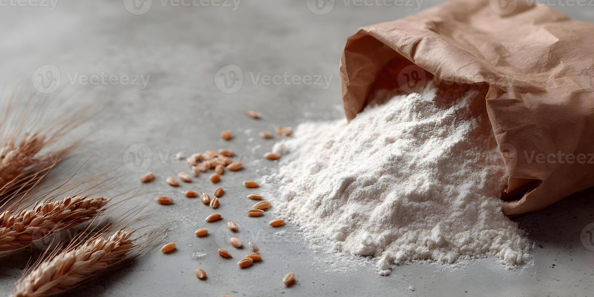 Wheat Flour in Brown Paper Bag with Wheat Ears photo