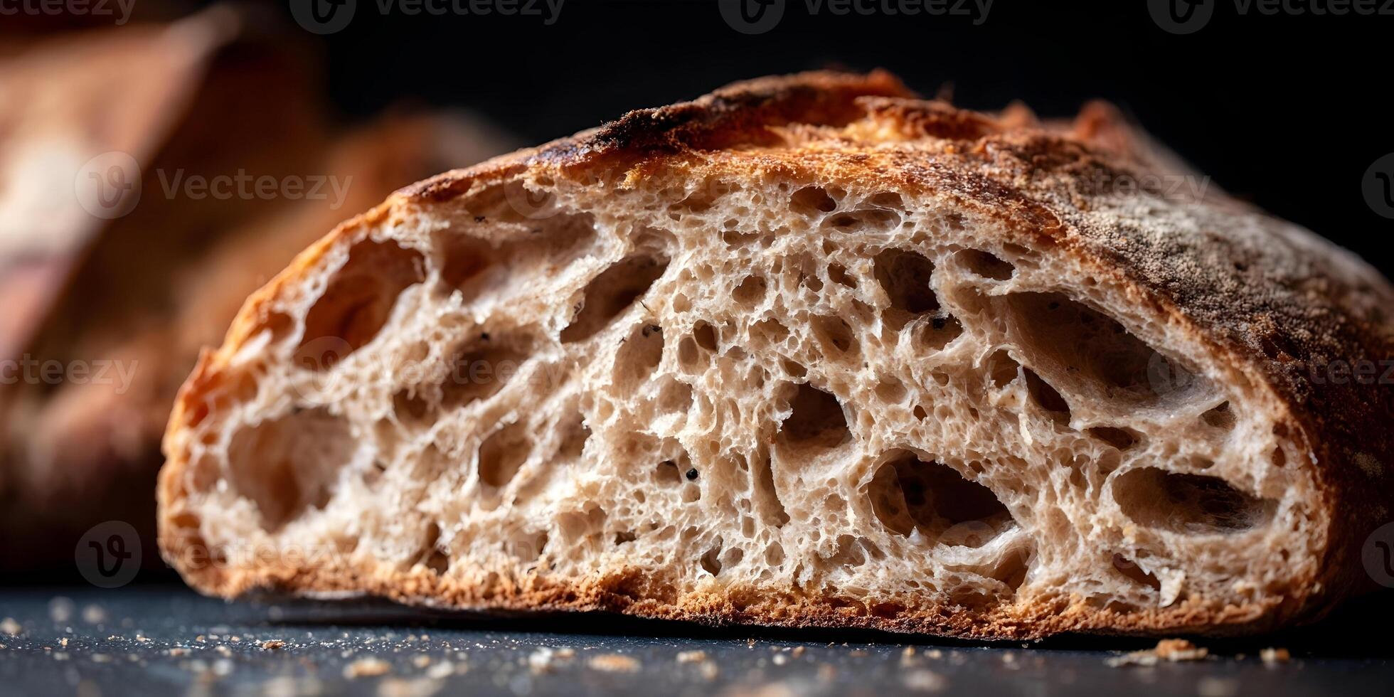 Closeup Rustic Bread Loaf Slice Dark Background Homemade Bakery Food Photography photo