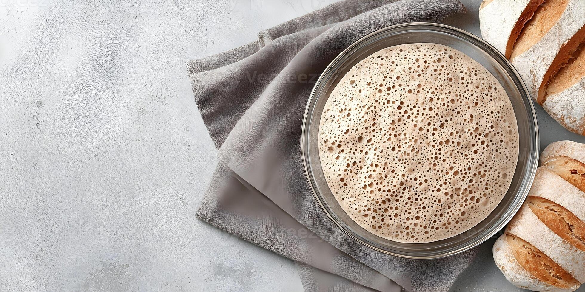 Sourdough Starter in Glass Bowl with Bread photo