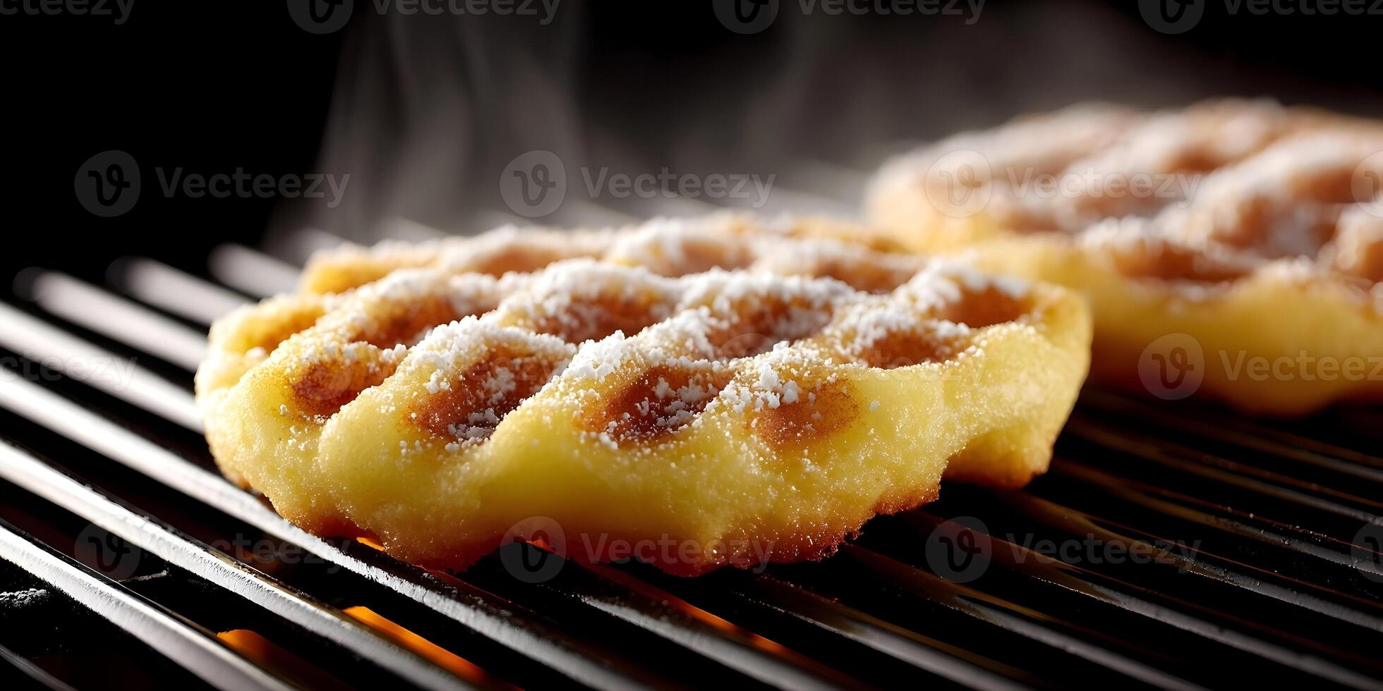 Grilling Waffles with Powdered Sugar Sweet Golden Brown Dessert Food Delicious Breakfast photo