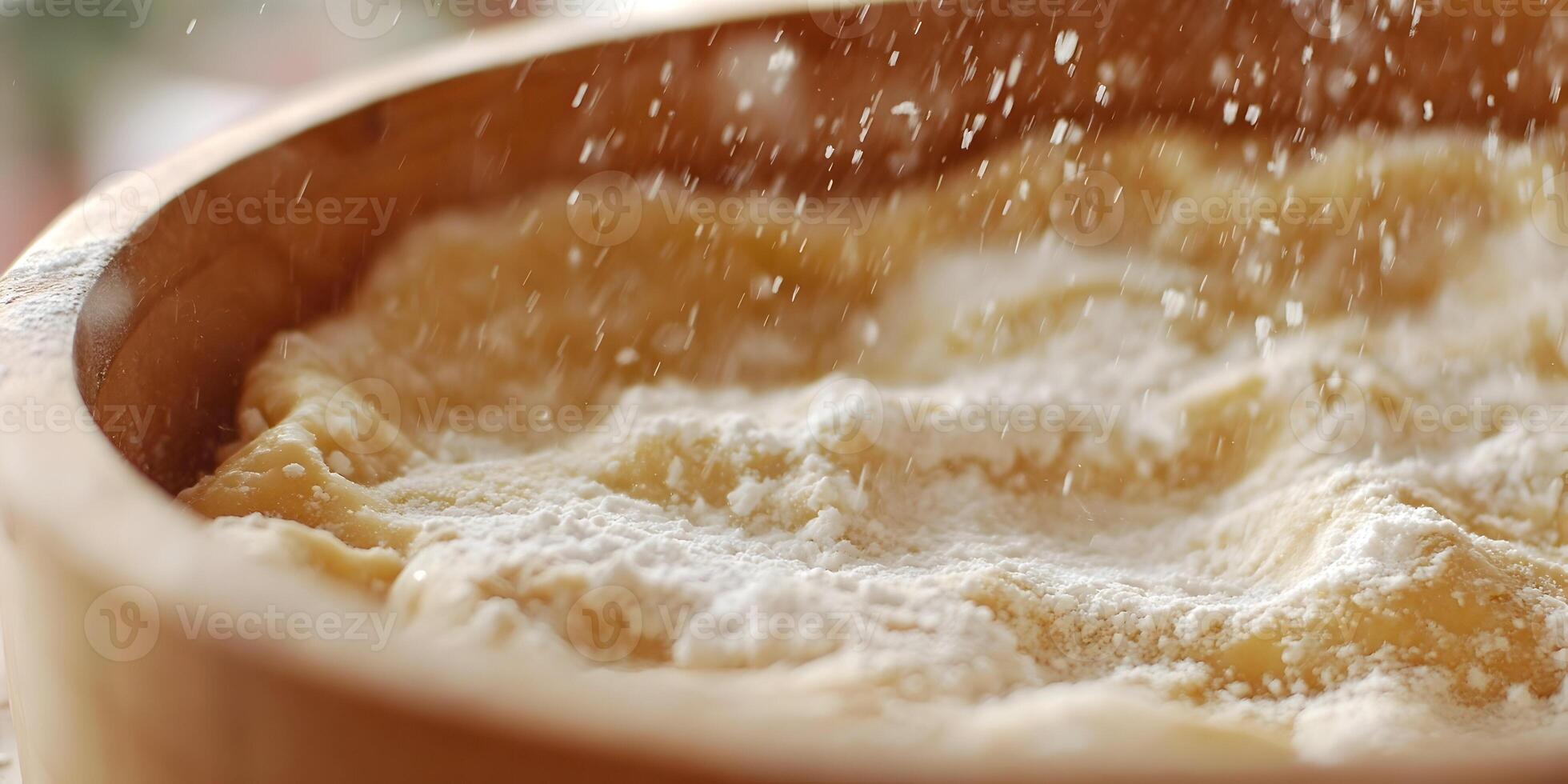 Wooden Bowl Pastry Dough Being Dusted with Flour Baking Process Closeup photo