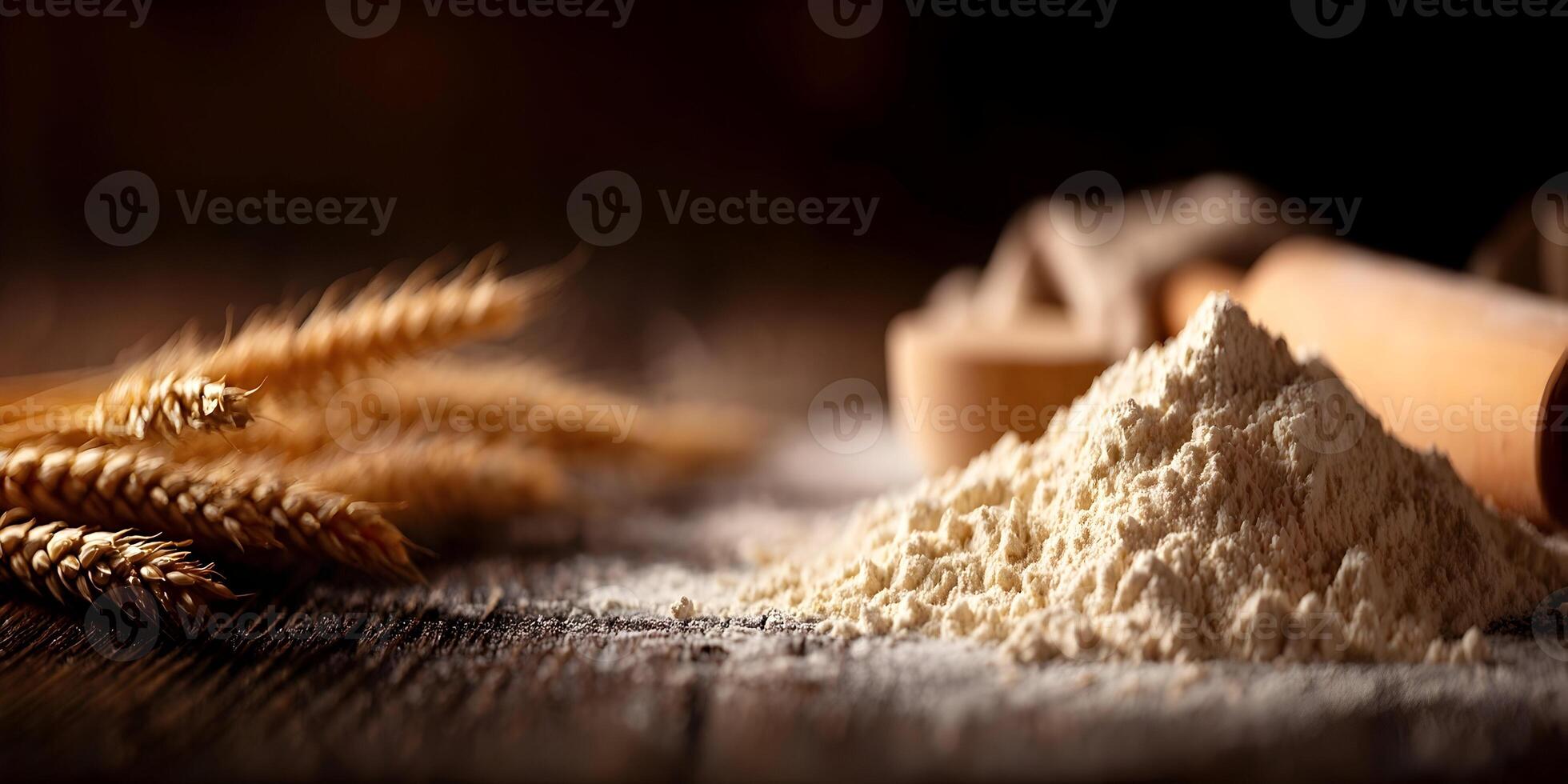 Pile of Wheat Flour Wooden Table Wheat Ears Rolling Pin Baking photo