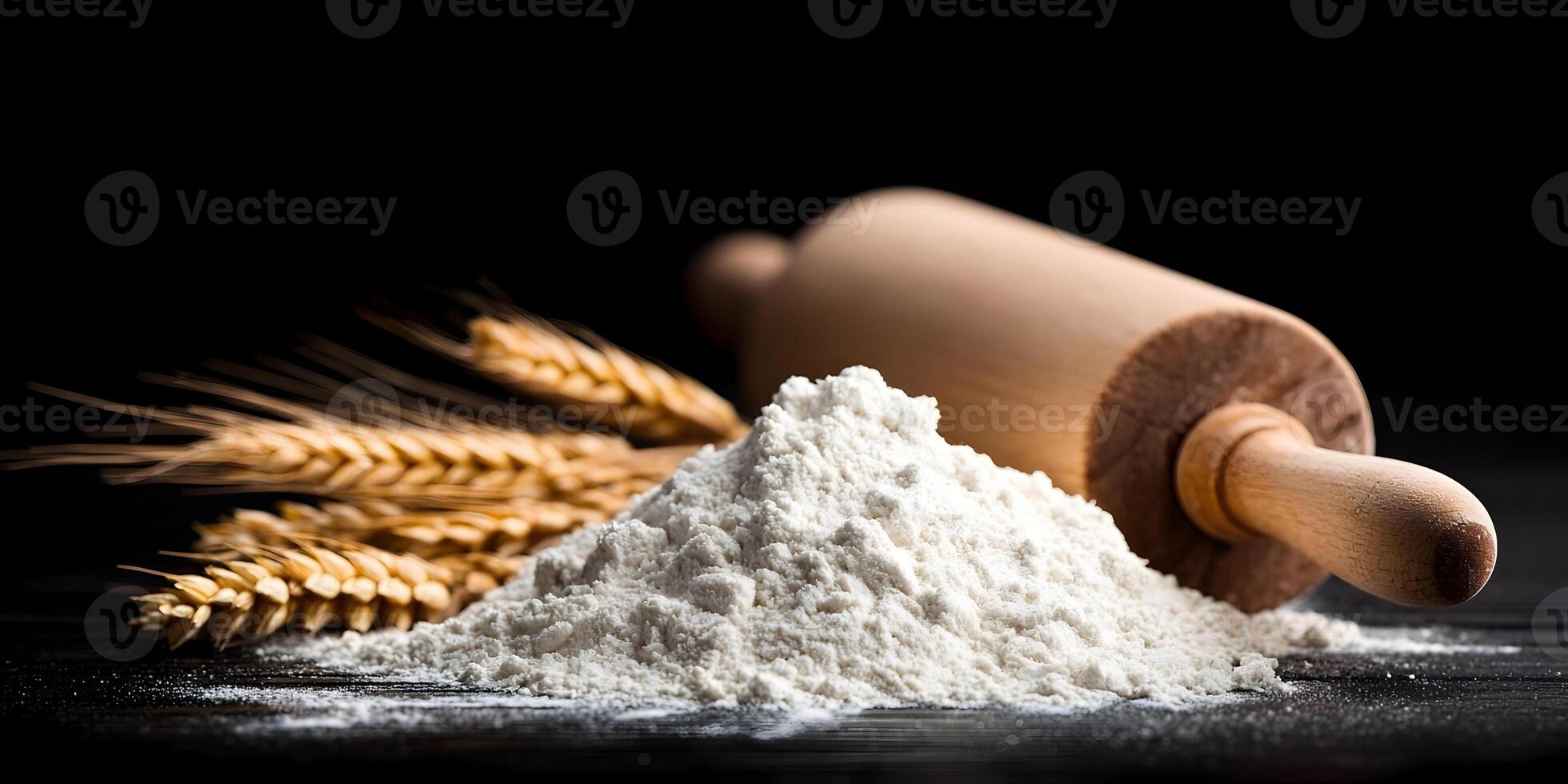 Pile of White Flour with Wheat and Rolling Pin Dark Background Baking Ingredients photo