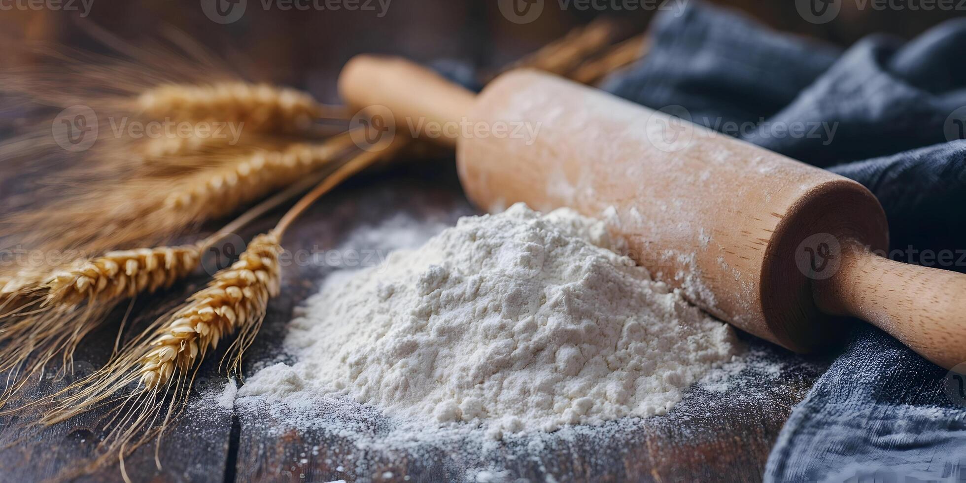 Wooden Rolling Pin Wheat Flour Baking Ingredients Still Life Photography photo