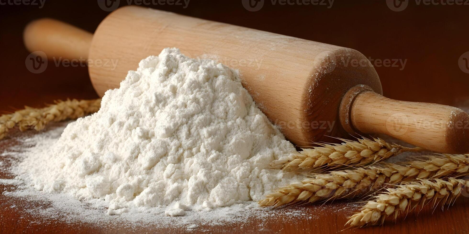 Wooden Rolling Pin and Pile of White Flour with Wheat photo
