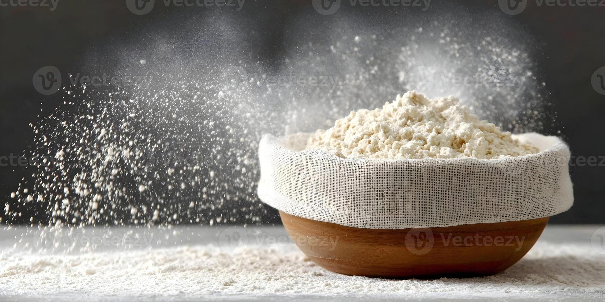 Wooden Bowl with Flour Explosion Baking Ingredients Food Photography photo