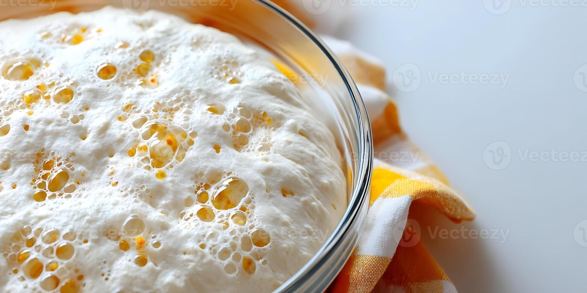 Closeup of Bread Dough Rising in Glass Bowl with Bubbles and Yellow Oil Droplets photo