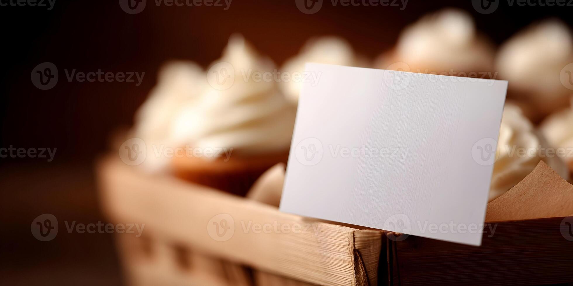 Blank Card in Wooden Box with Cream Cupcakes Bakery Mockup photo