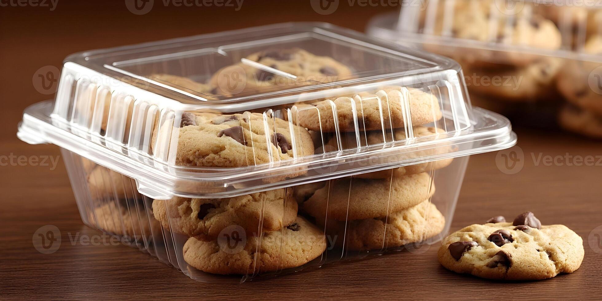 Chocolate Chip Cookies in Clear Plastic Container on Wooden Table photo