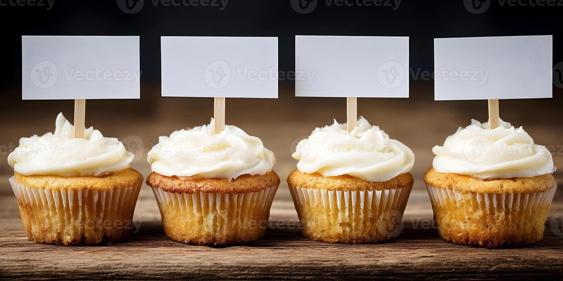 Four Cupcakes with Blank White Note Cards photo