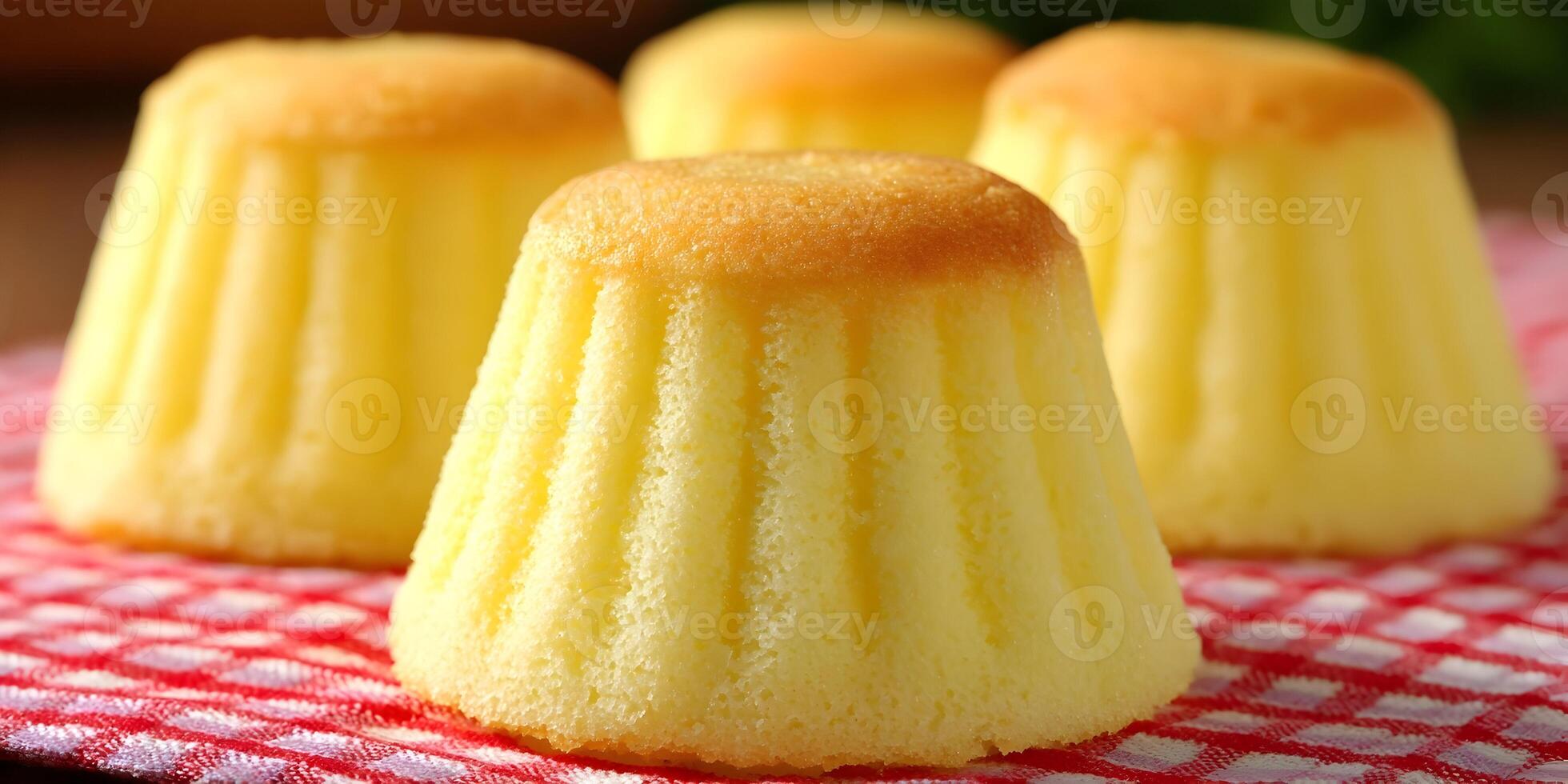 Four Delicious Yellow Mini Cakes on Red Gingham Fabric photo