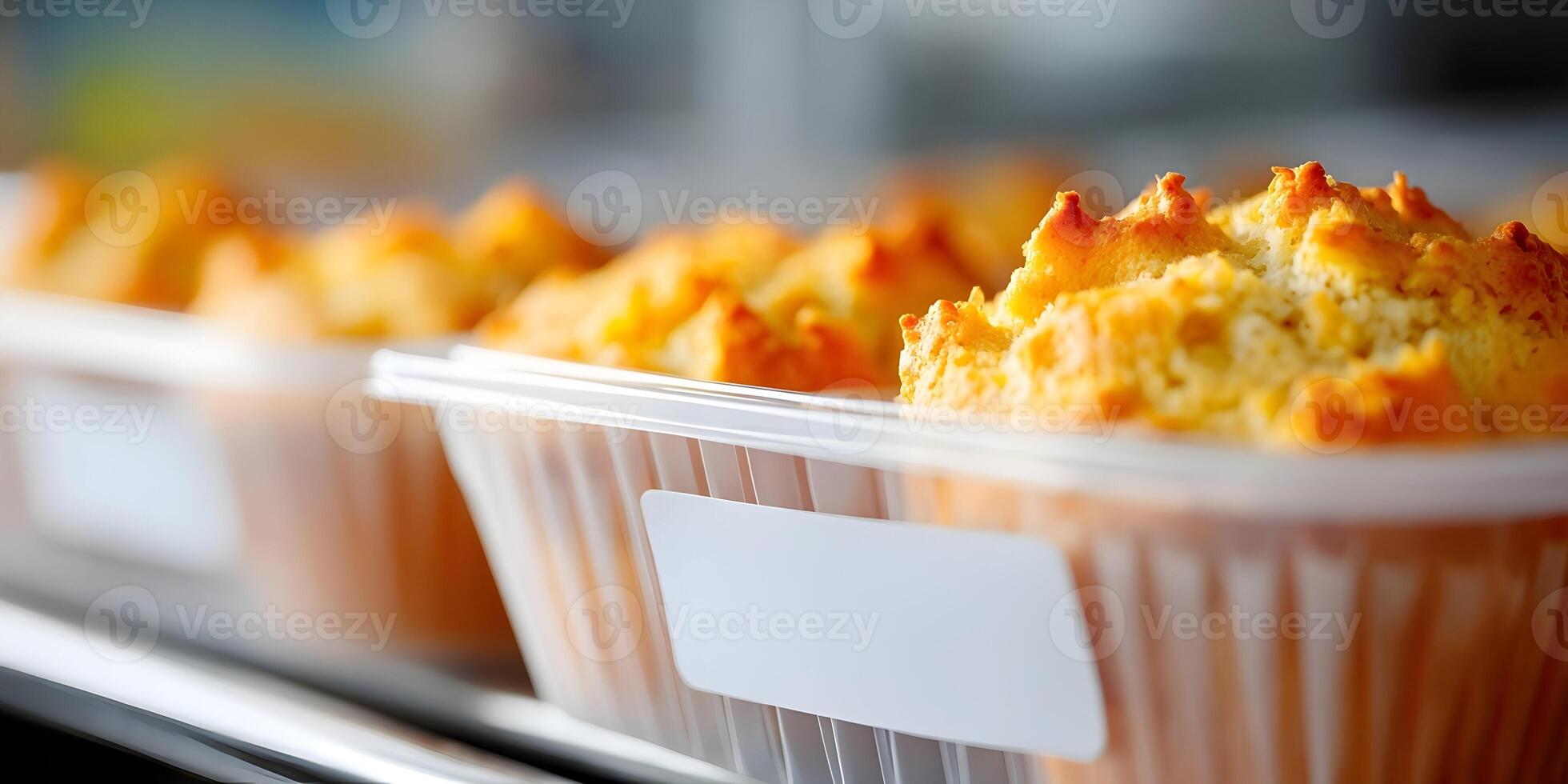 Closeup Golden Brown Muffins in Plastic Packaging Bakery Food photo