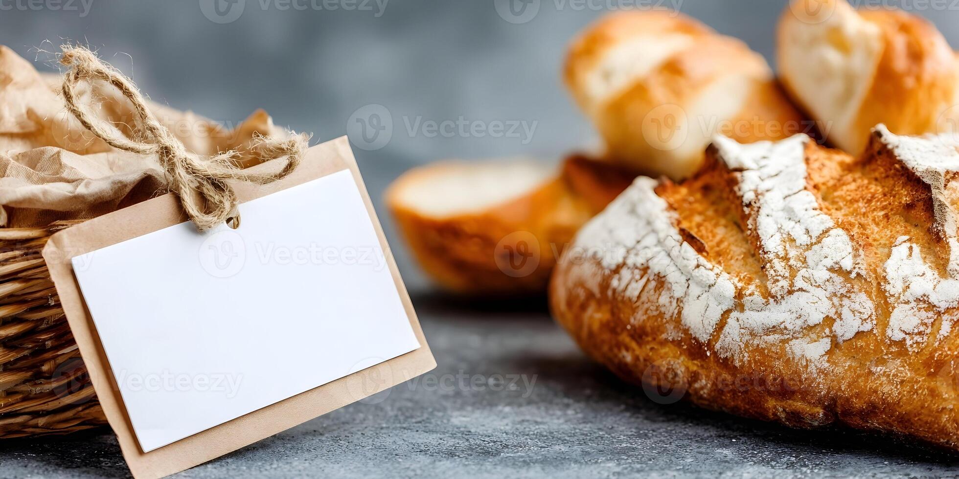 Rustic Bread Loaf with Blank Card in Basket Mockup photo