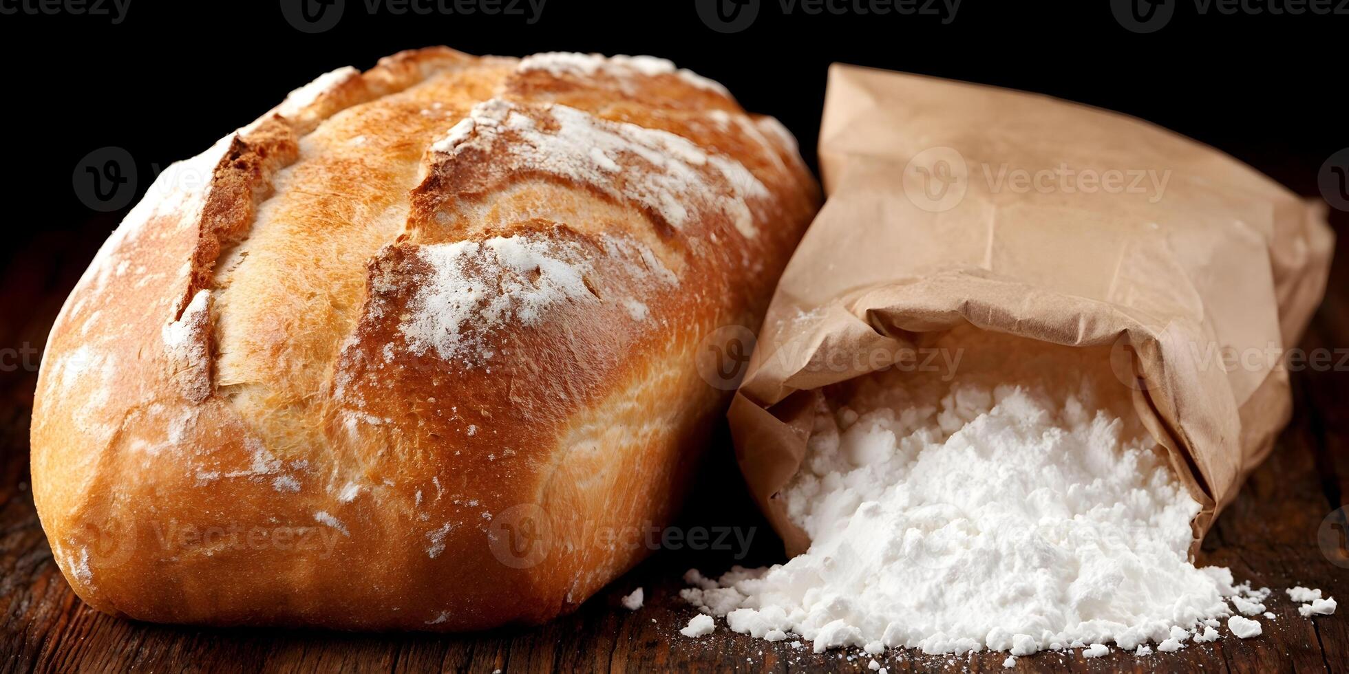 Artisan Bread Loaf and Bag of Flour on Wooden Table photo