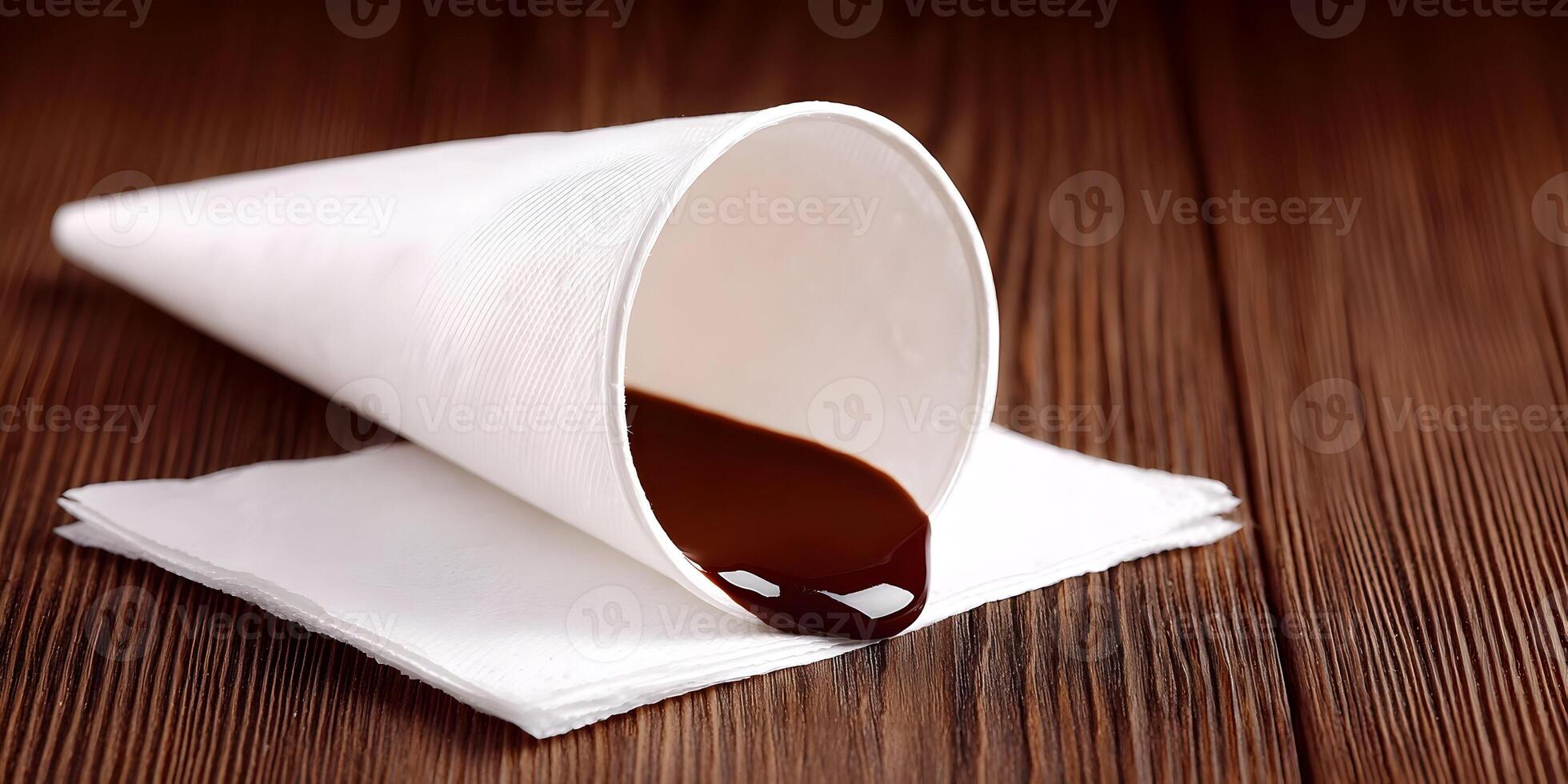 Spilled Chocolate Drink in Paper Cup on Wooden Table photo