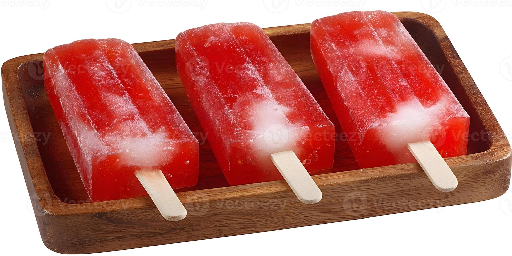 Three Red Fruit Ice Pops on Wooden Tray Summer Dessert Refreshing Treat Frozen Popsicle photo