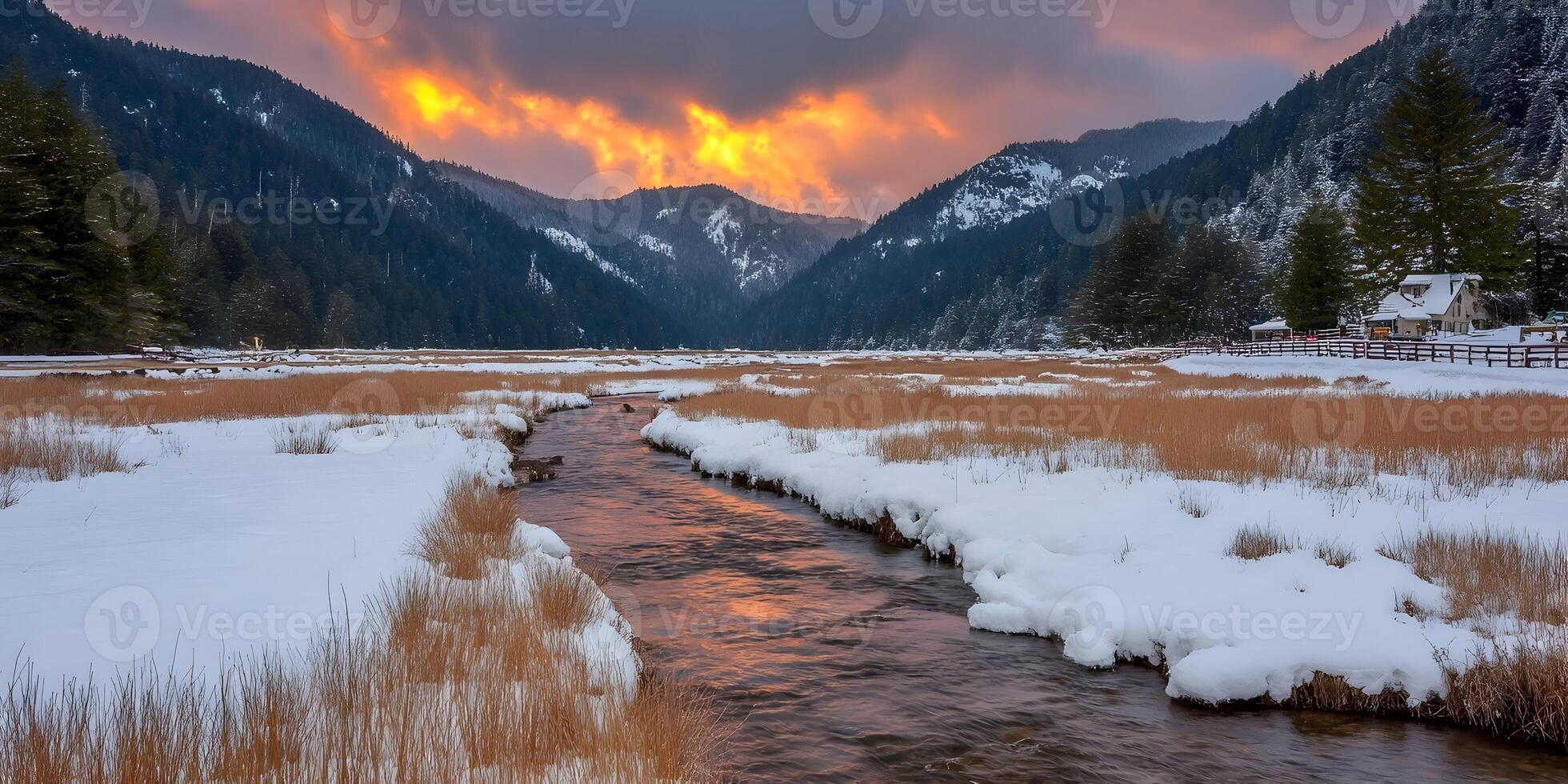 Snowy Mountain River Landscape Sunset Reflection Winter Scene photo
