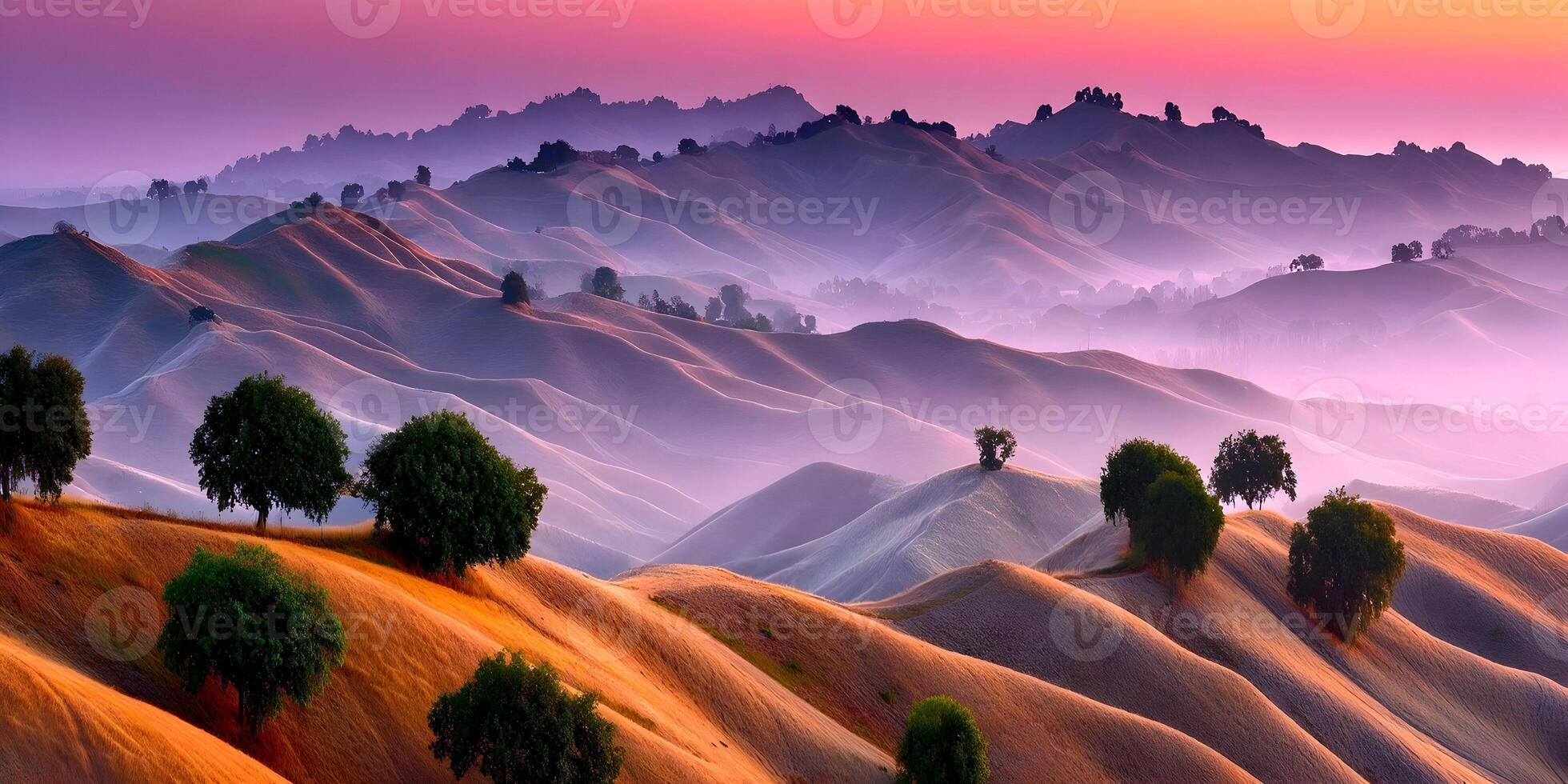 Misty Sunrise Over Rolling Hills Landscape Golden Hour Sun Rays Trees photo