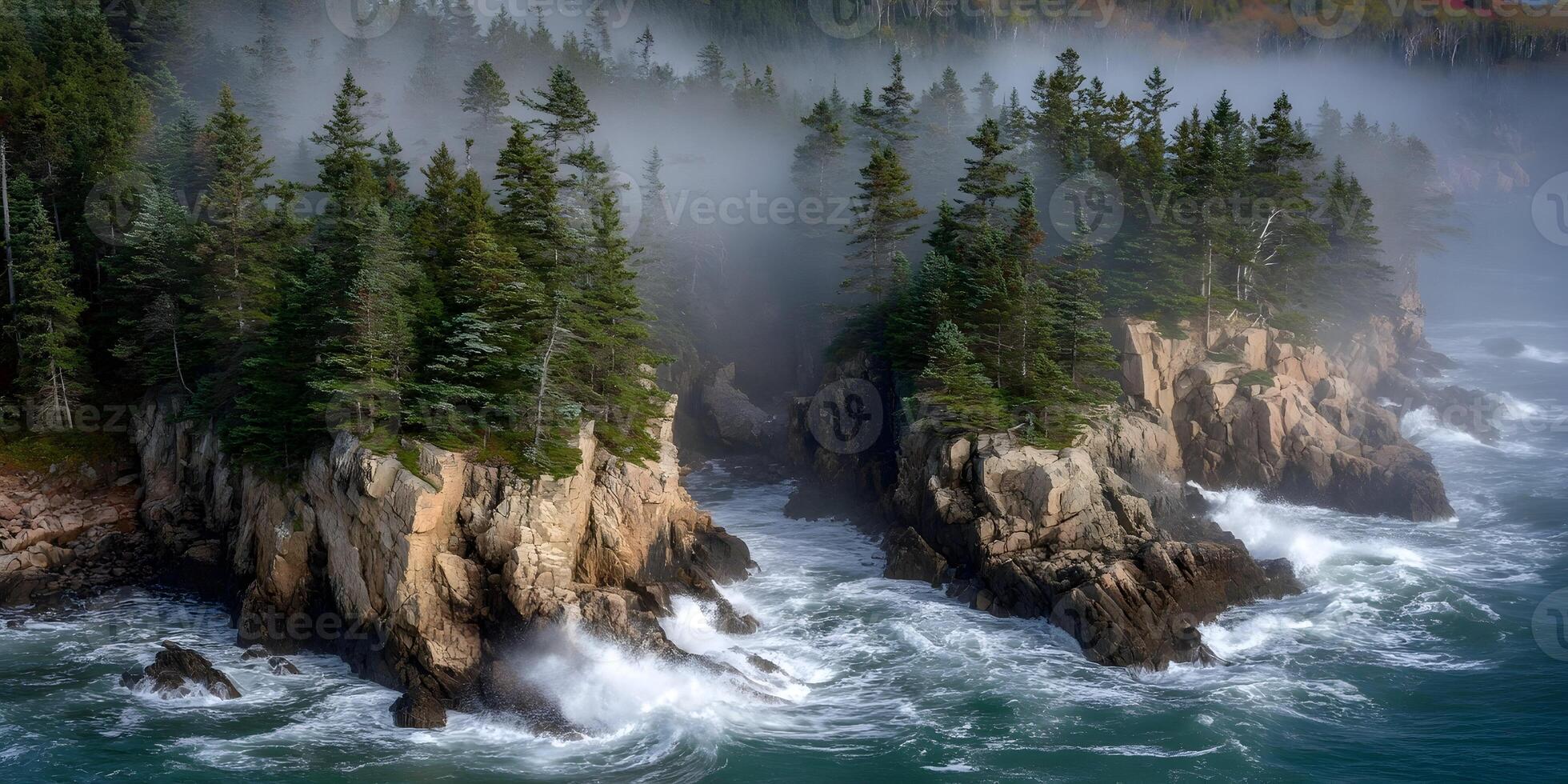Misty Foggy Coastal Cliffs Ocean Waves Rock Formations Pine Trees photo