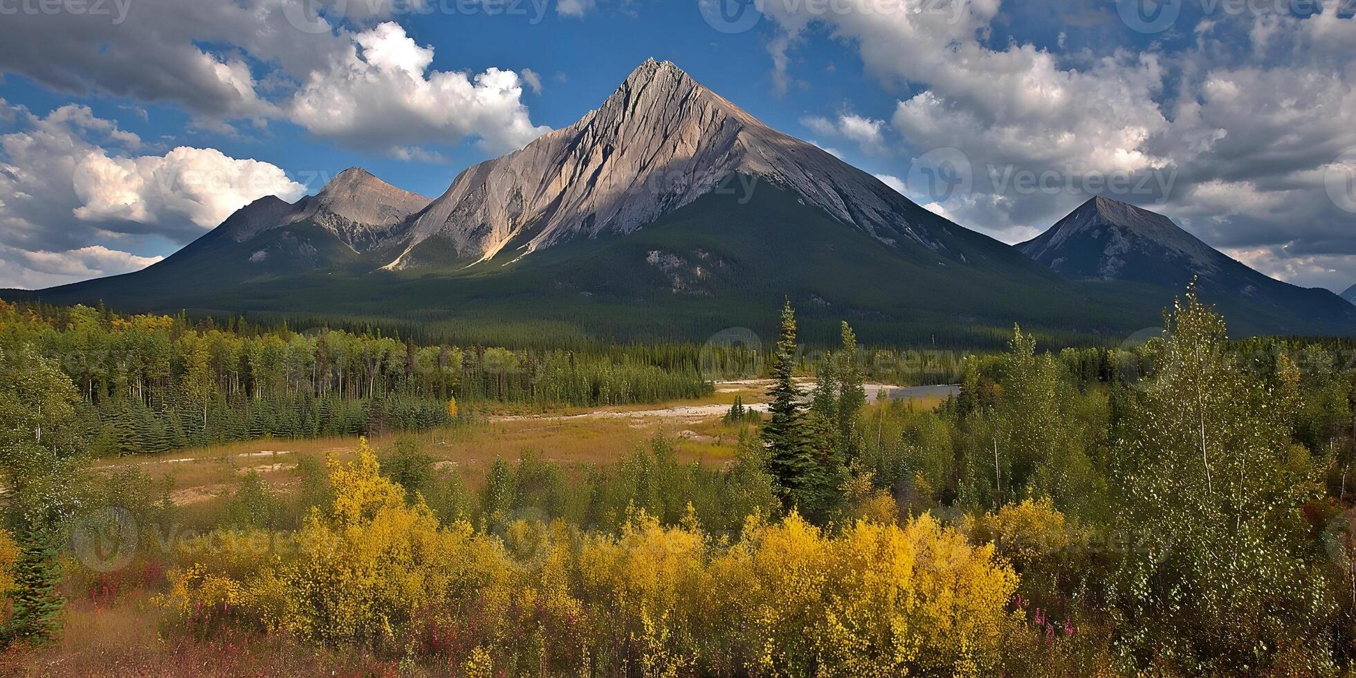 Majestic Mountain Range Autumn Landscape Golden Trees Coniferous Forest photo